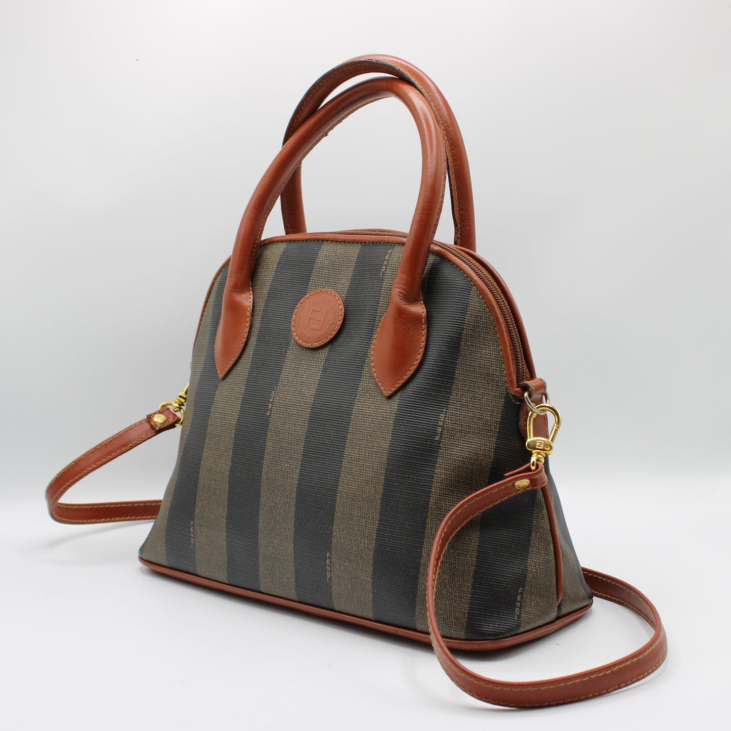 Fendi Brown Striped Pequin Canvas Dome Handbag with Leather