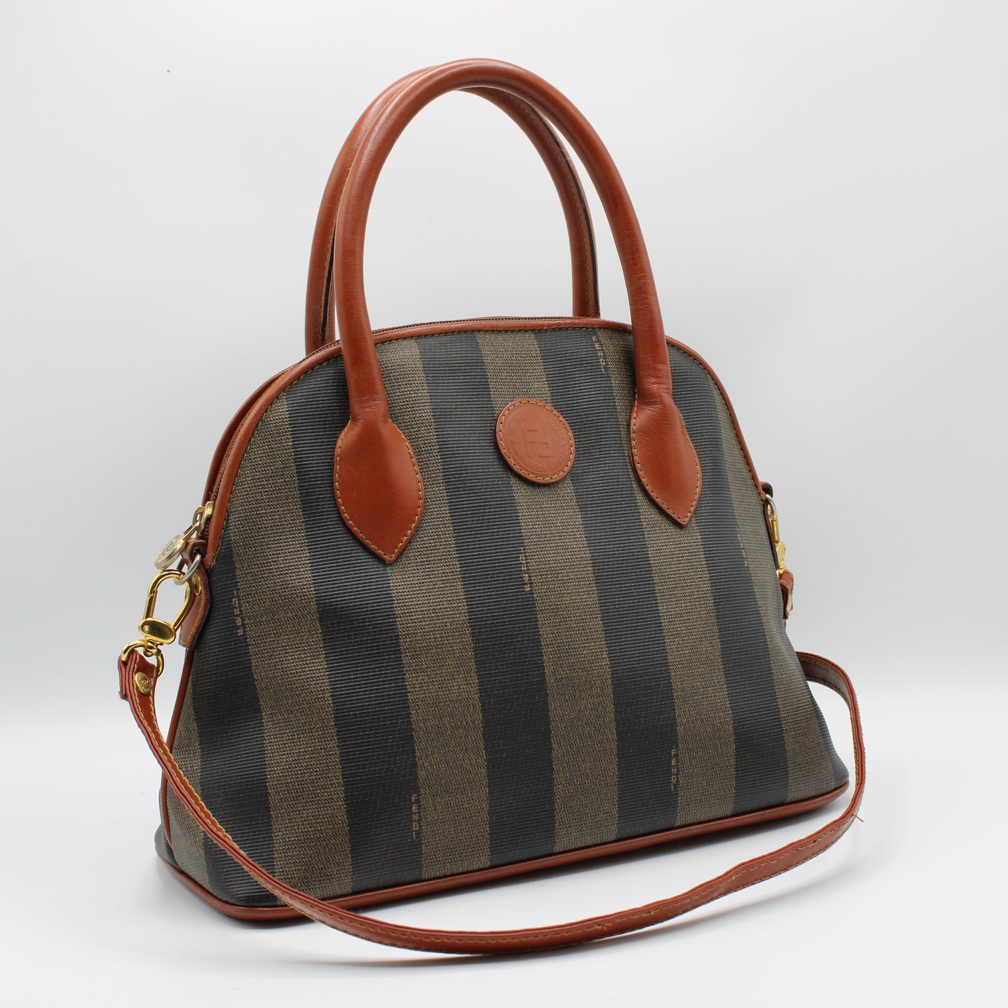 Fendi Brown Striped Pequin Canvas Dome Handbag with Leather