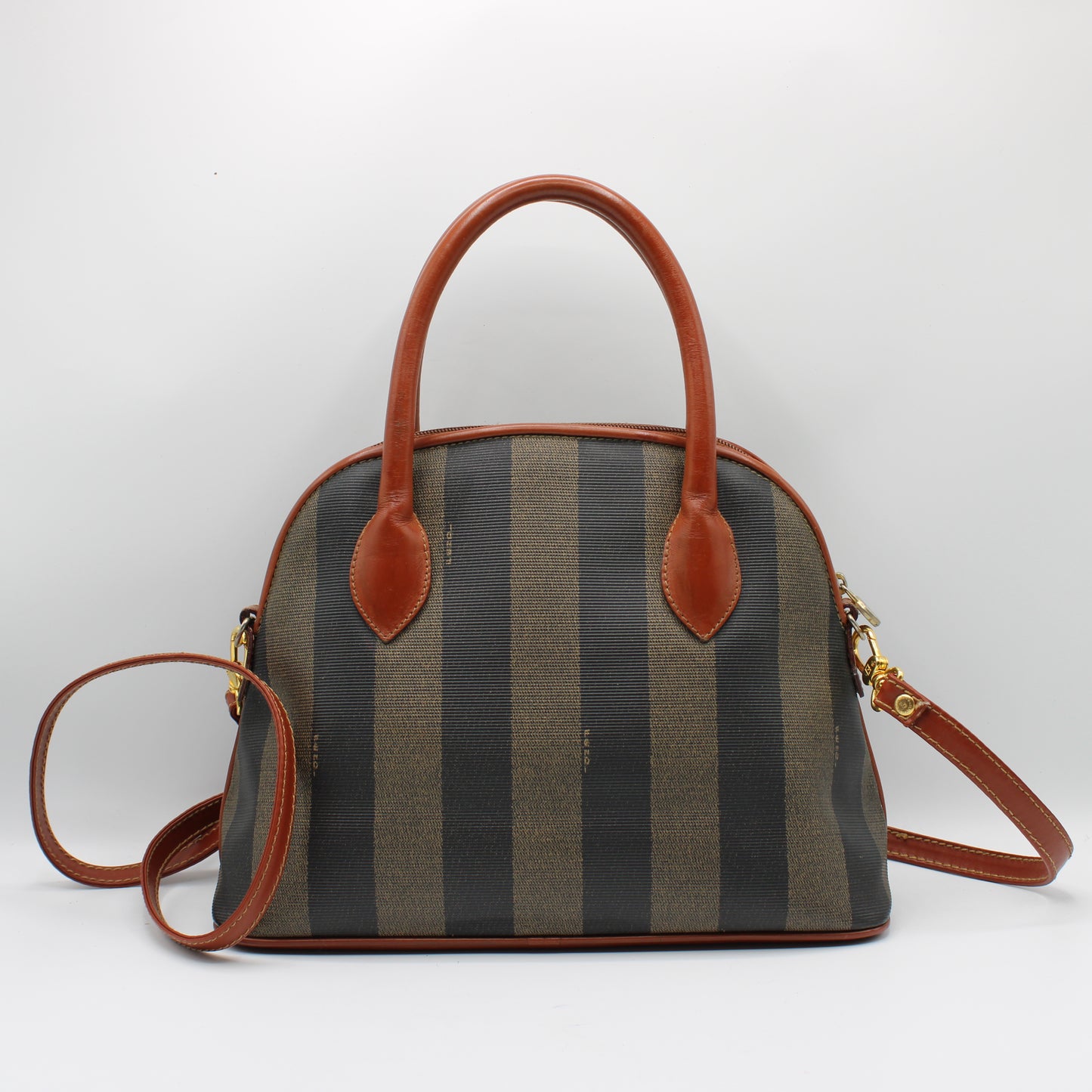 Fendi Brown Striped Pequin Canvas Dome Handbag with Leather