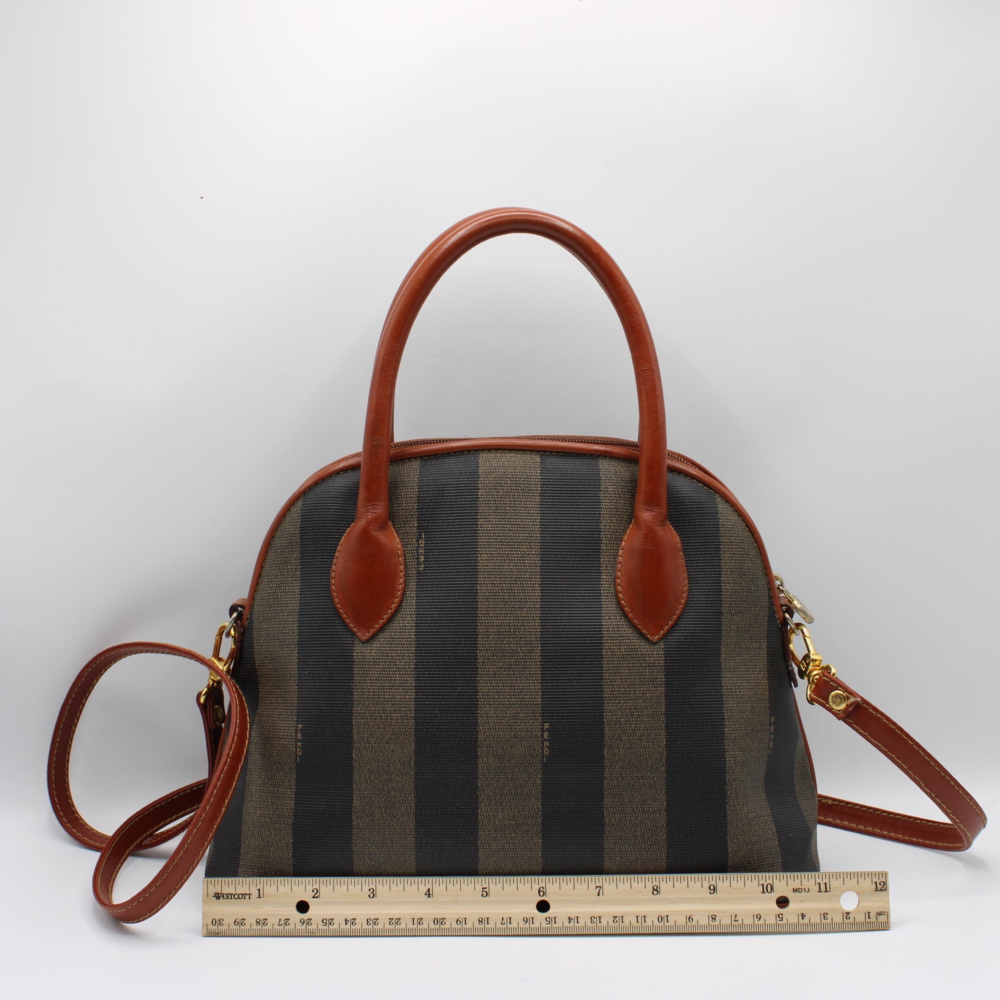 Fendi Brown Striped Pequin Canvas Dome Handbag with Leather