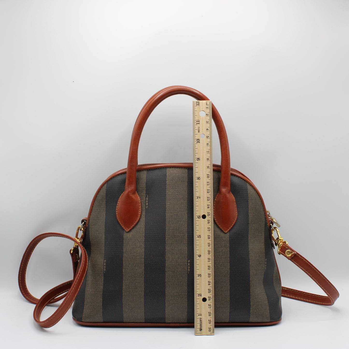 Fendi Brown Striped Pequin Canvas Dome Handbag with Leather