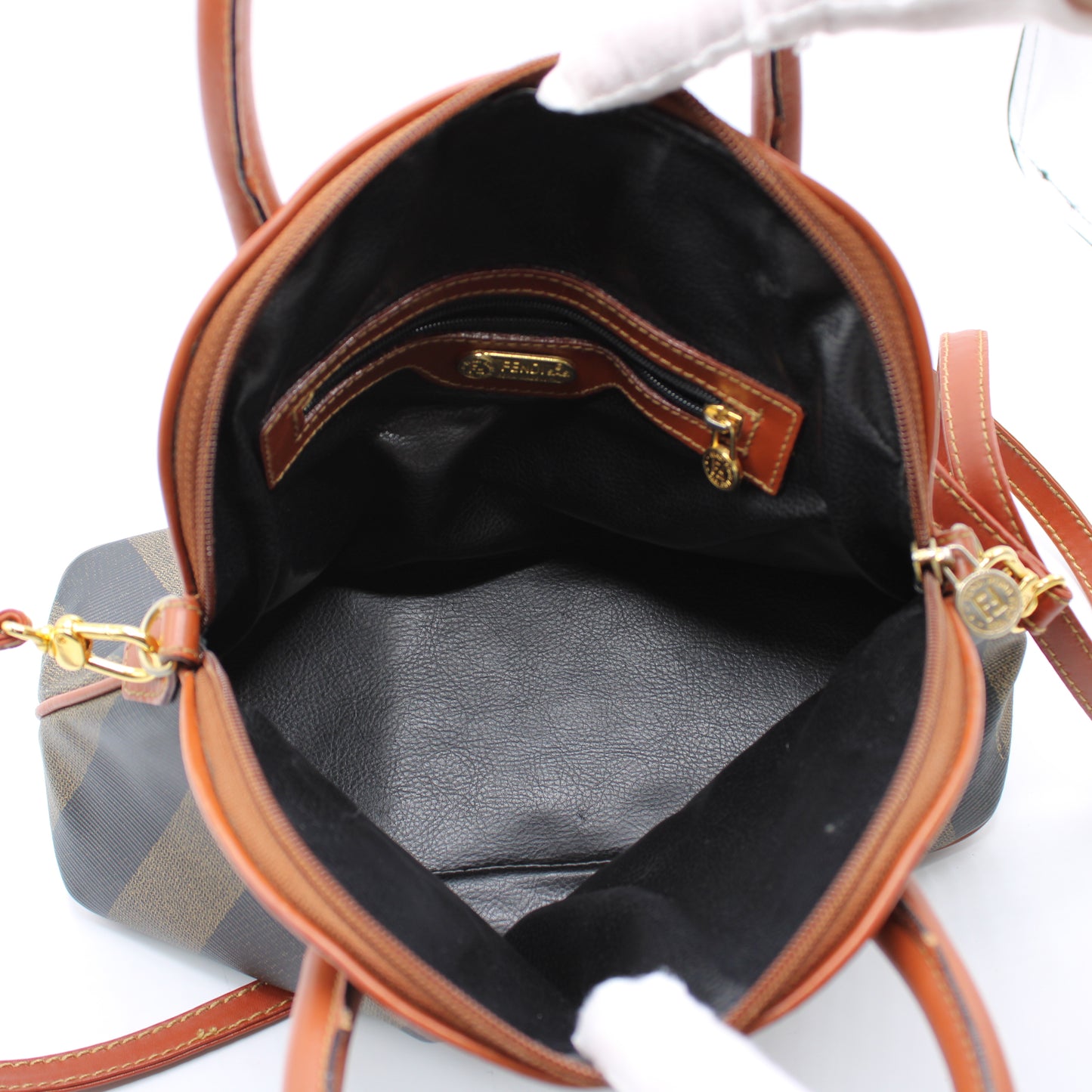 Fendi Brown Striped Pequin Canvas Dome Handbag with Leather