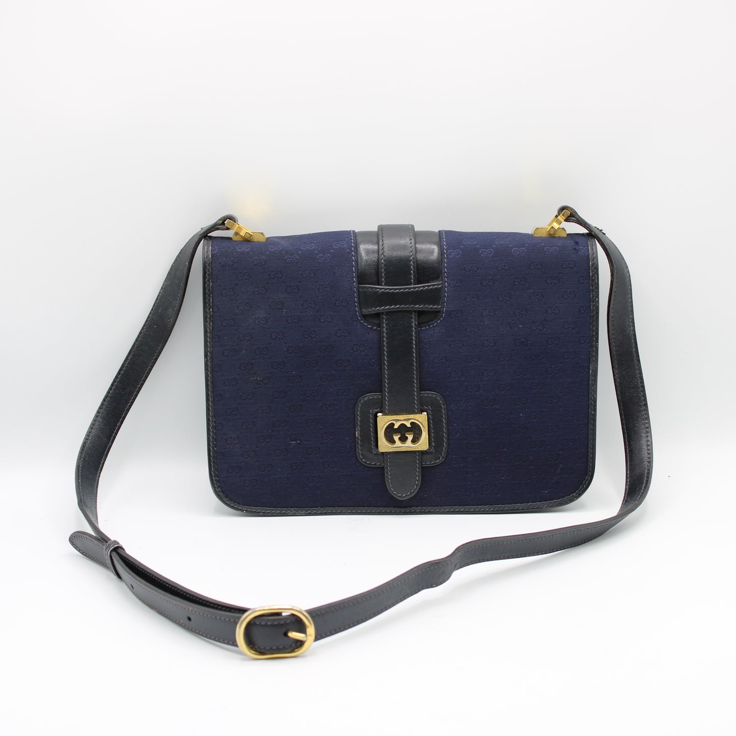 Gucci Navy GG Buckle Cloth Leather Crossbody Bag