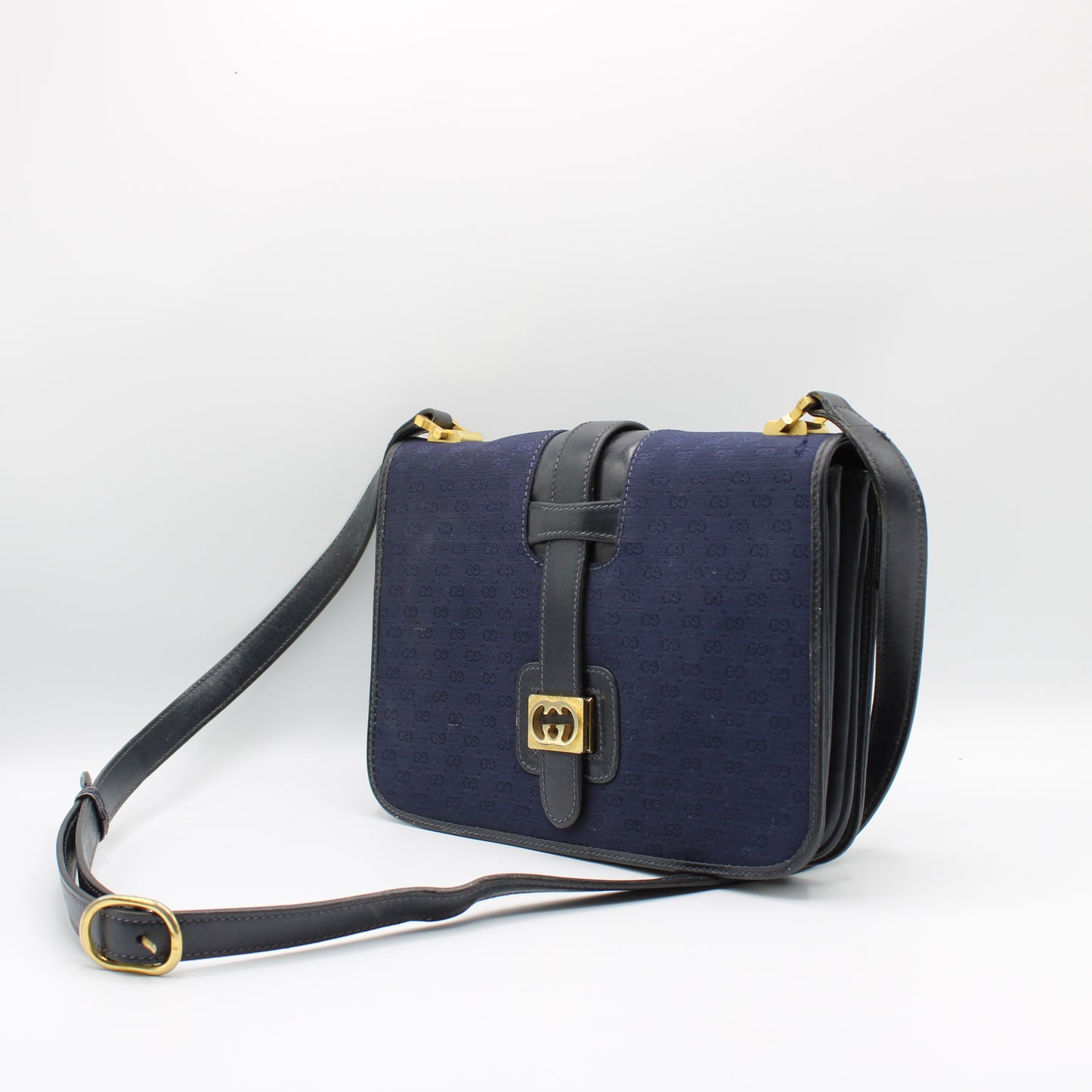 Gucci Navy GG Buckle Cloth Leather Crossbody Bag