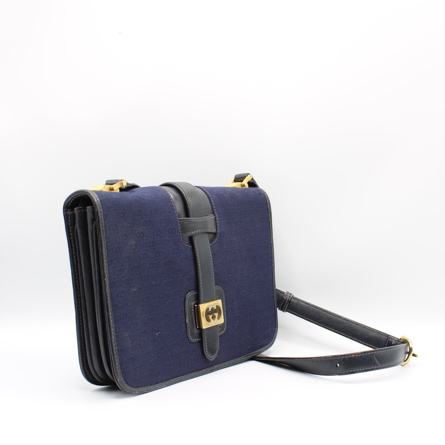 Gucci Navy GG Buckle Cloth Leather Crossbody Bag