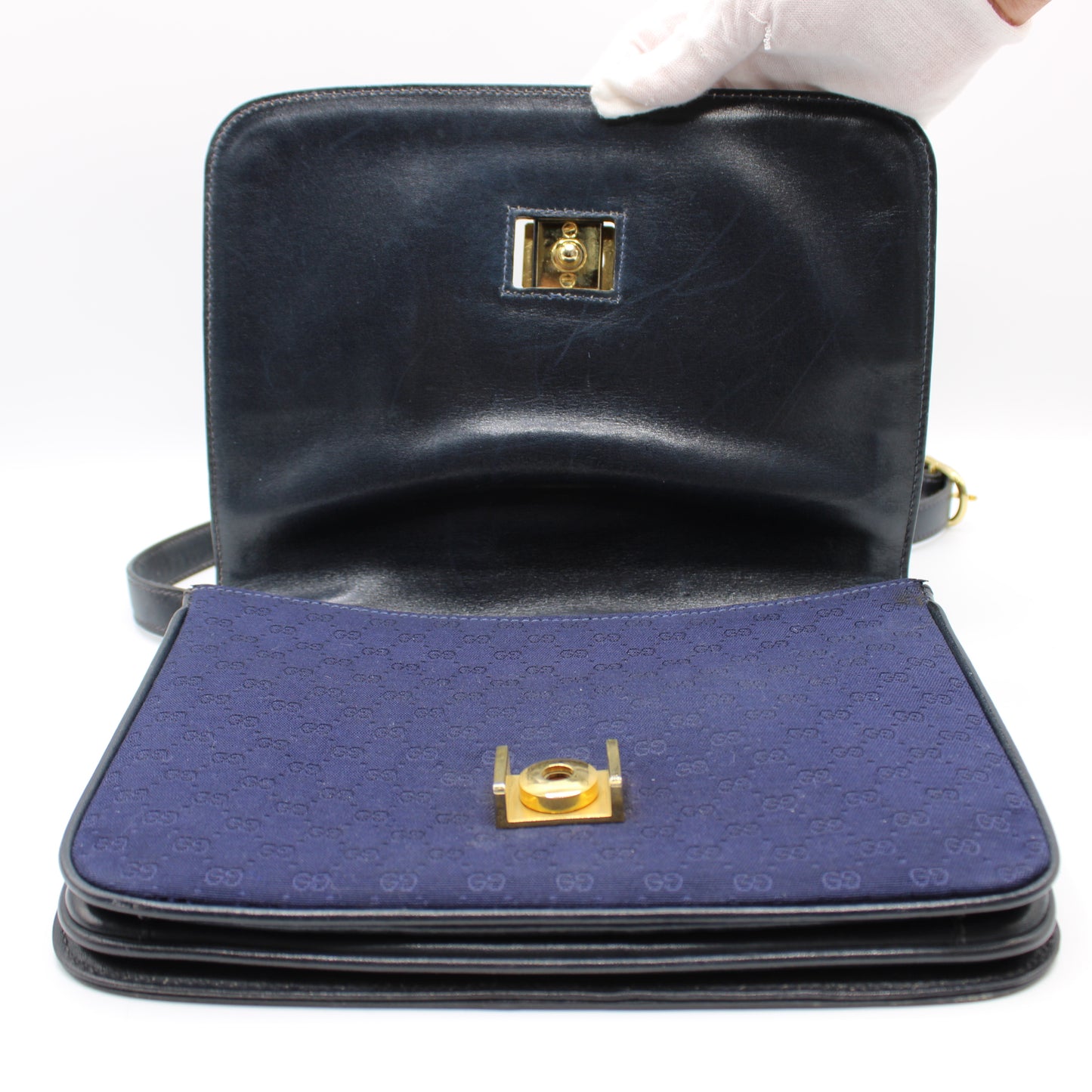 Gucci Navy GG Buckle Cloth Leather Crossbody Bag