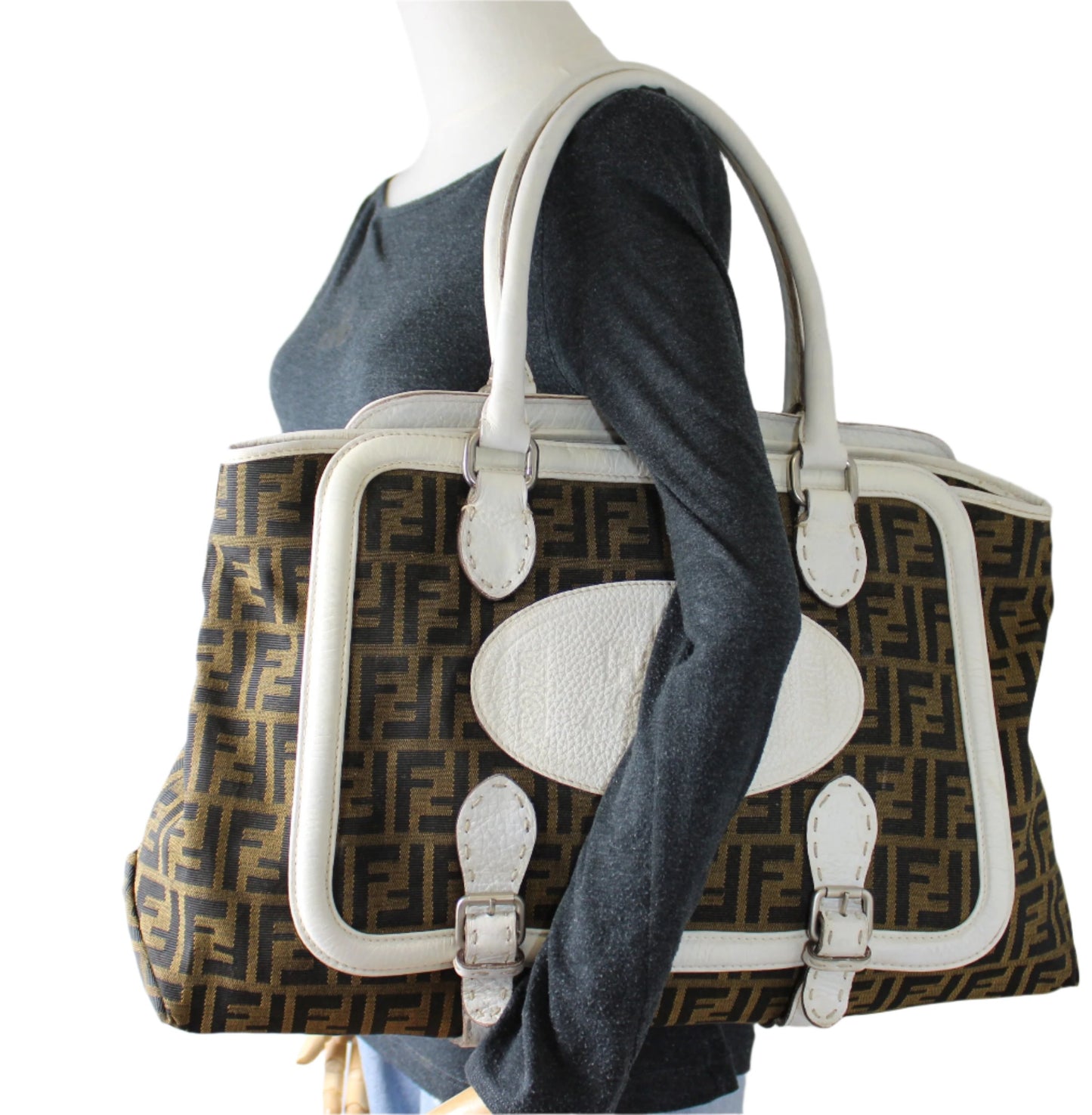 Fendi Brown Zucca Selleria Boston Tote Bag White Leather Trim