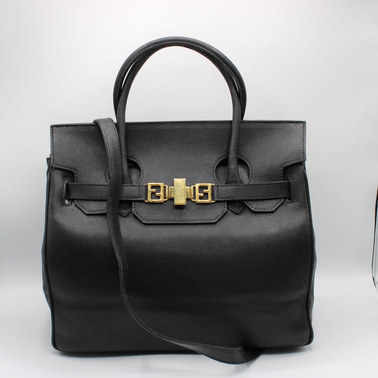 Fendi Peekaboo Black Leather Two-Way Crossbody Birkin Style Bag