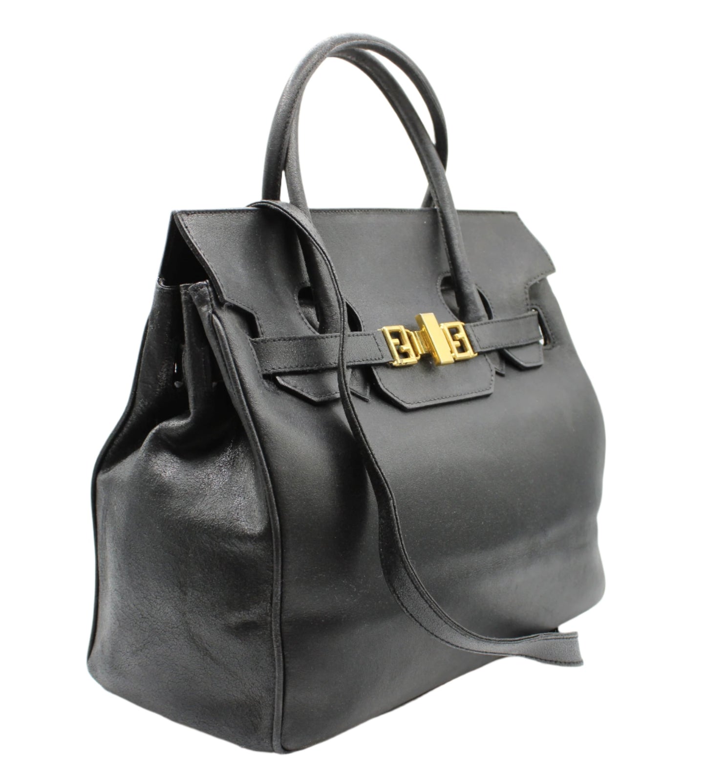 Fendi Peekaboo Black Leather Two-Way Crossbody Birkin Style Bag