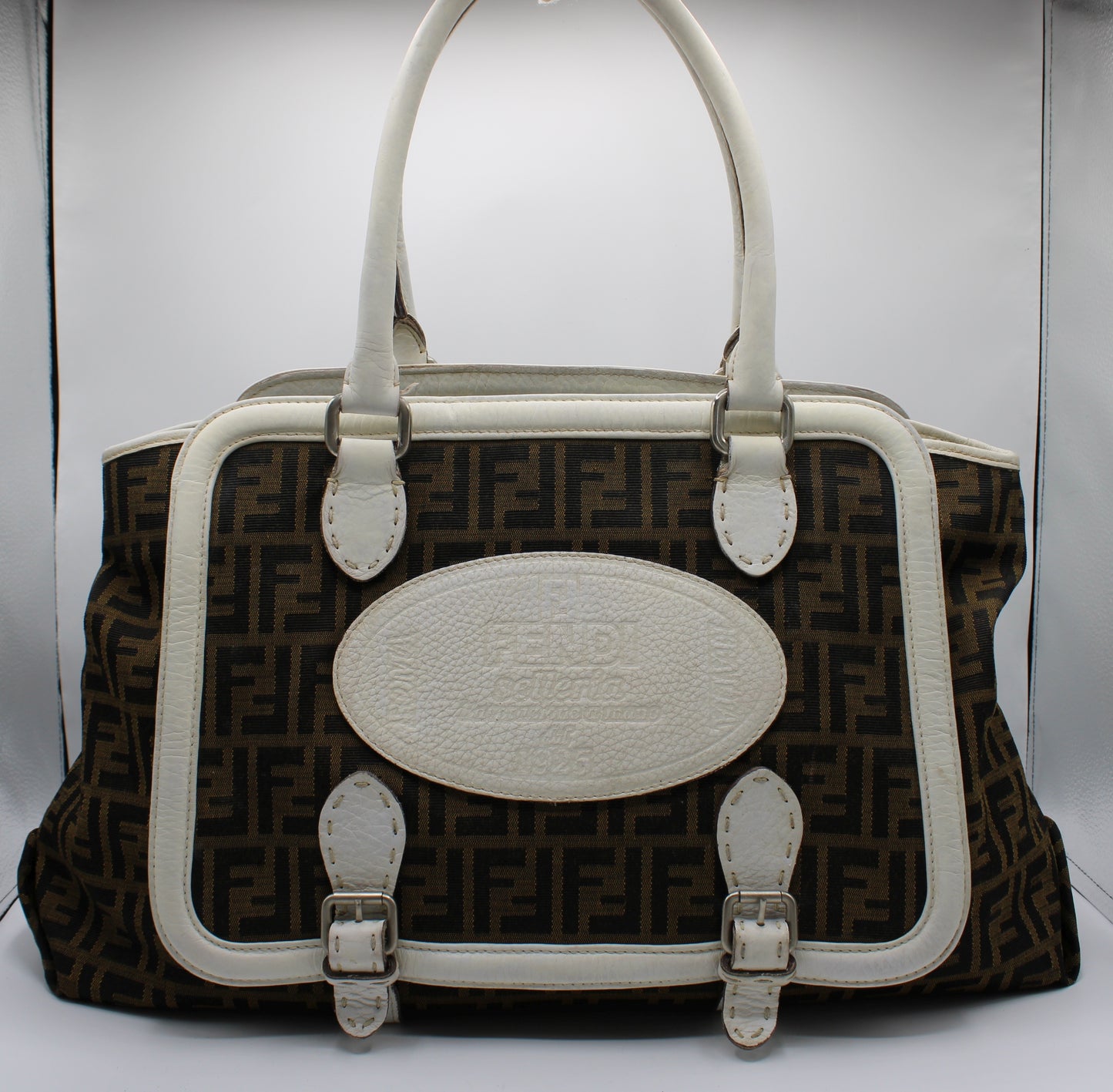 Fendi Brown Zucca Selleria Boston Tote Bag White Leather Trim