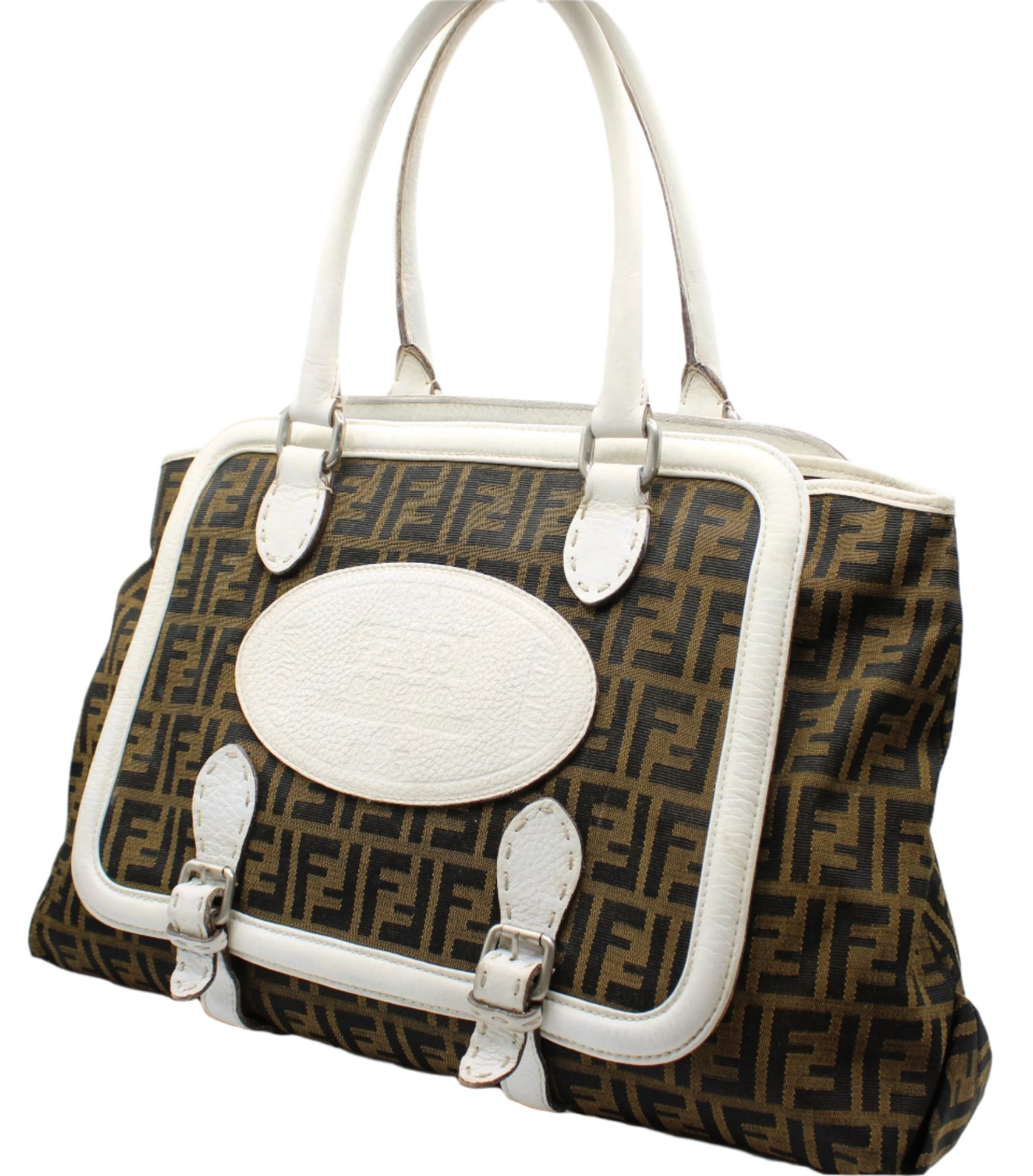 Fendi Brown Zucca Selleria Boston Tote Bag White Leather Trim