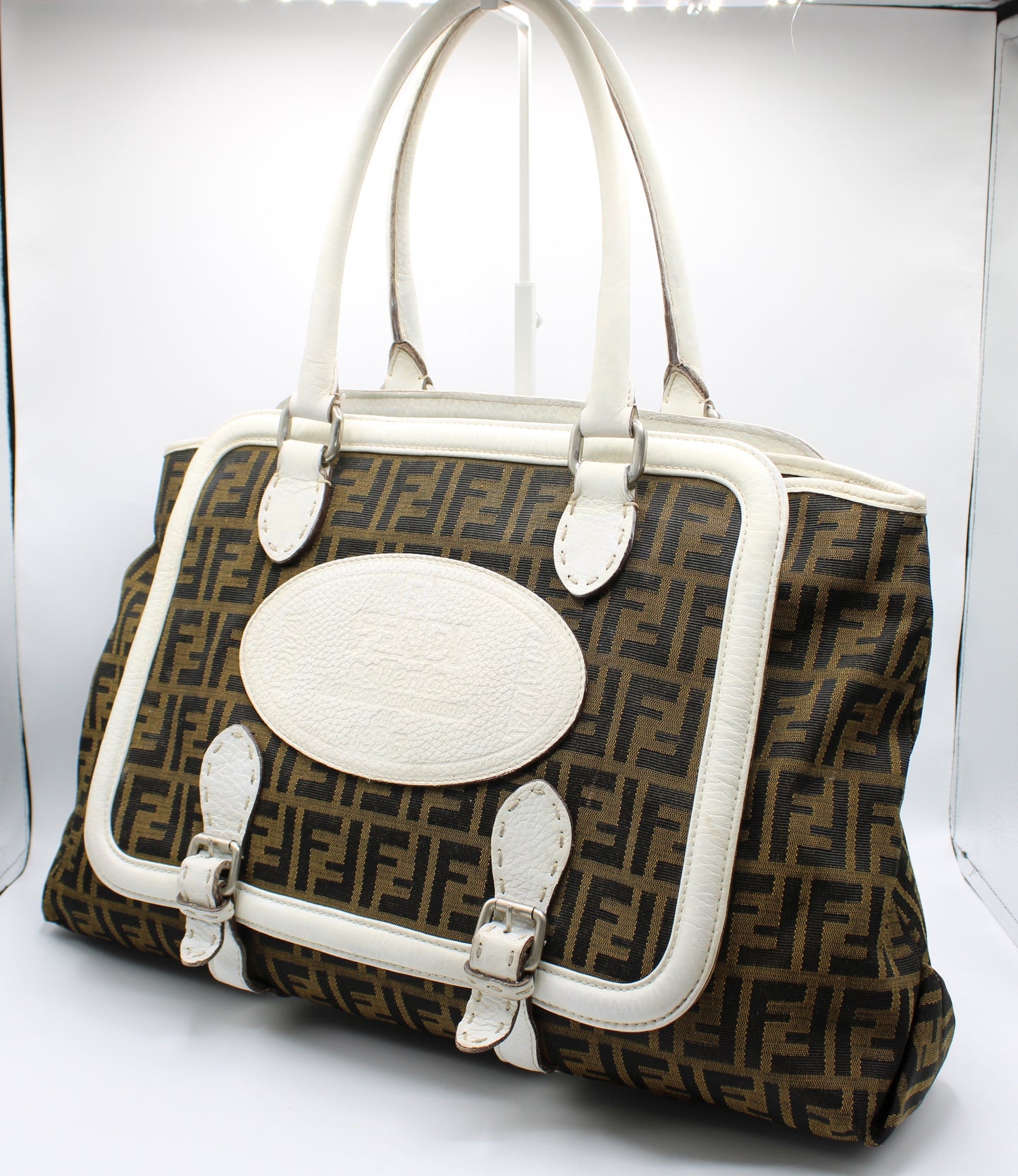 Fendi Brown Zucca Selleria Boston Tote Bag White Leather Trim