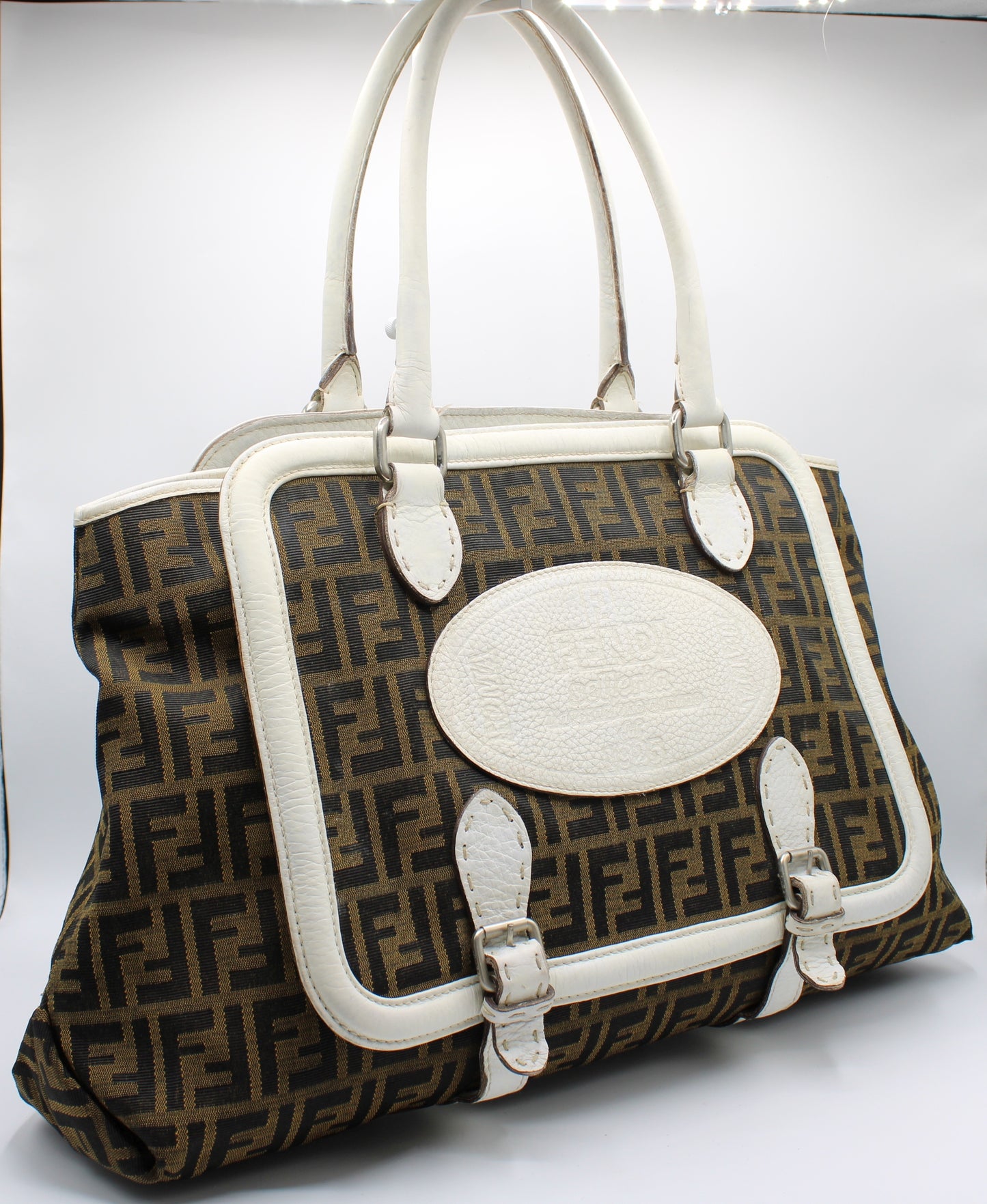 Fendi Brown Zucca Selleria Boston Tote Bag White Leather Trim