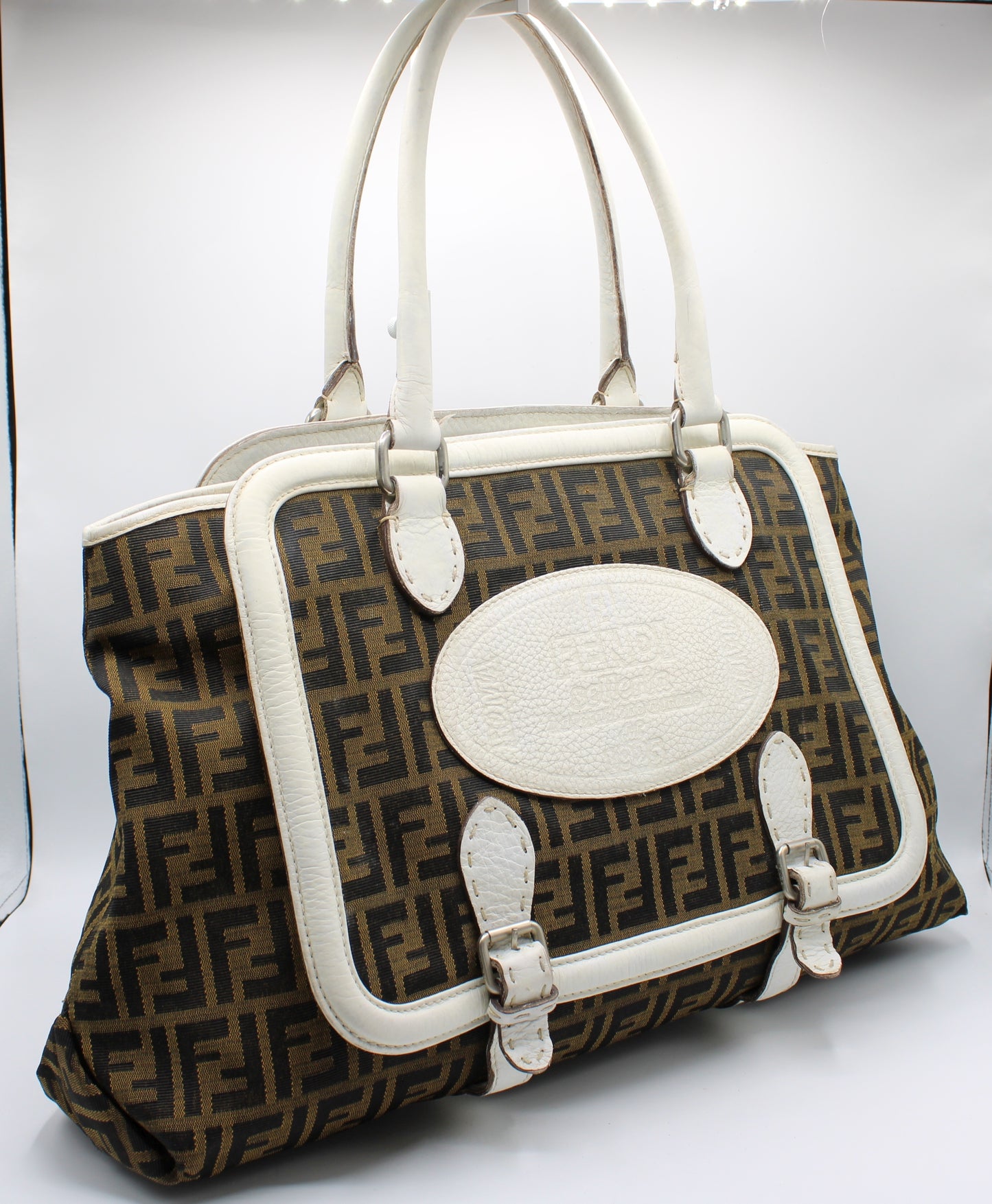 Fendi Brown Zucca Selleria Boston Tote Bag White Leather Trim