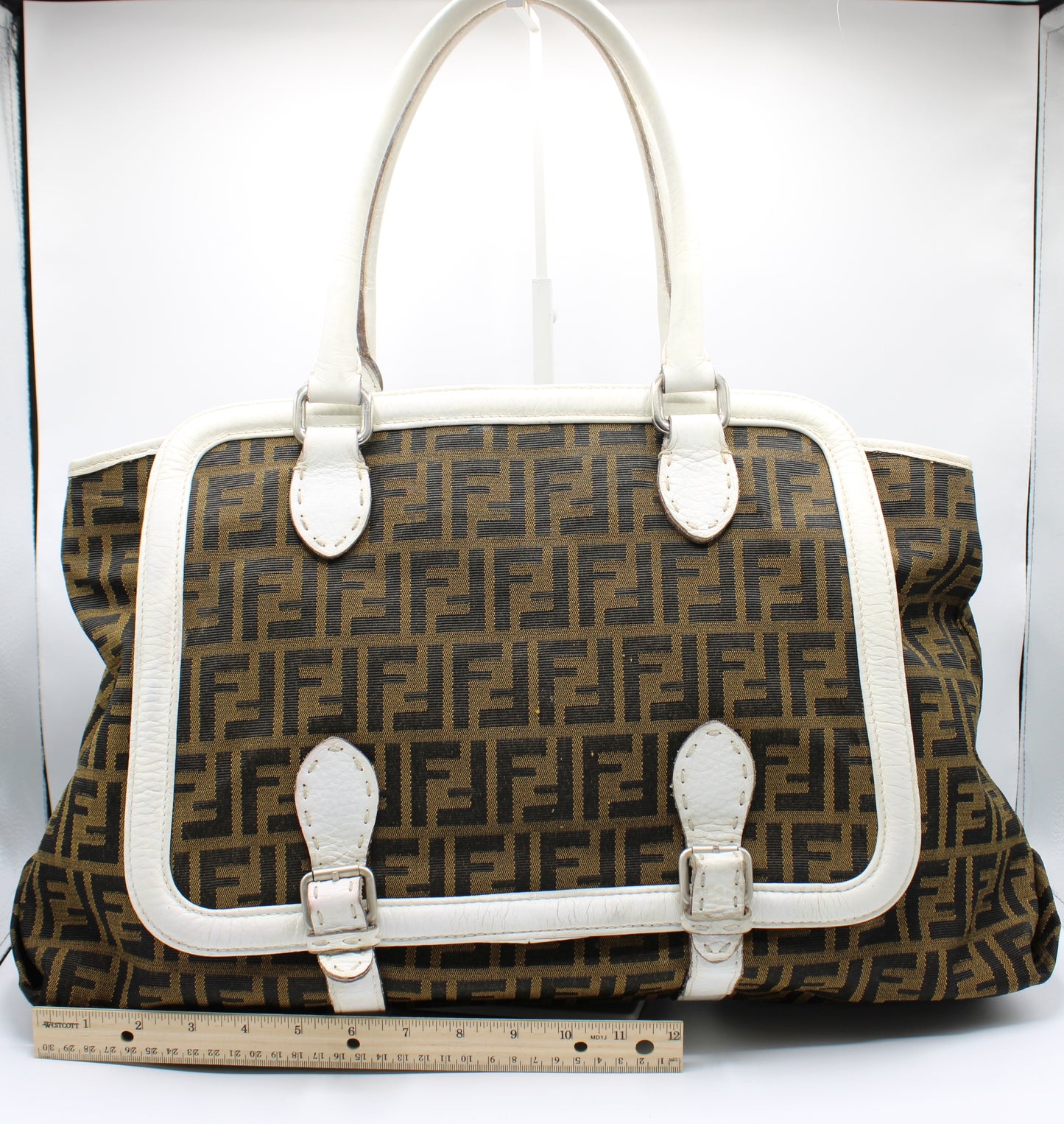 Fendi Brown Zucca Selleria Boston Tote Bag White Leather Trim