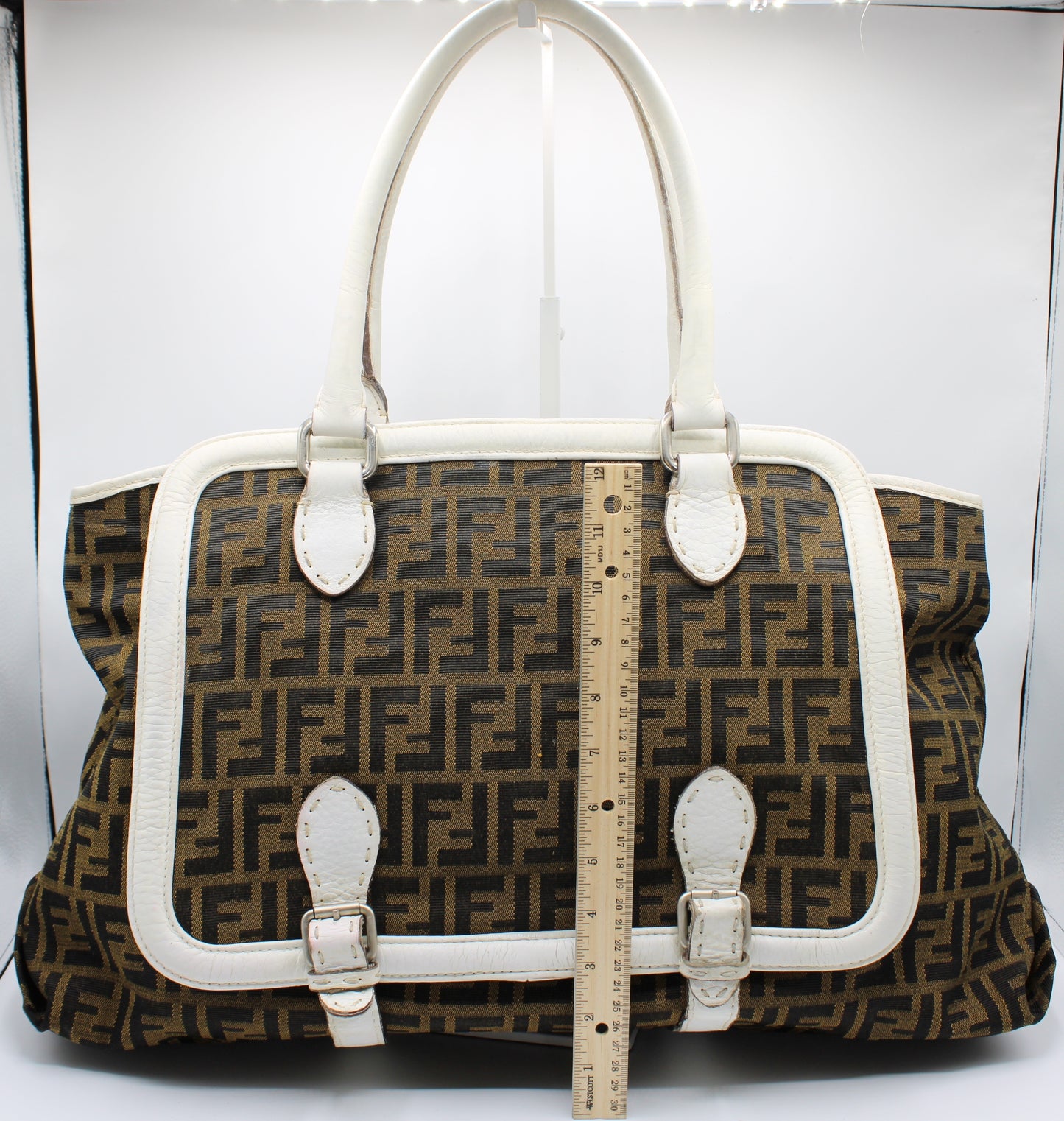 Fendi Brown Zucca Selleria Boston Tote Bag White Leather Trim