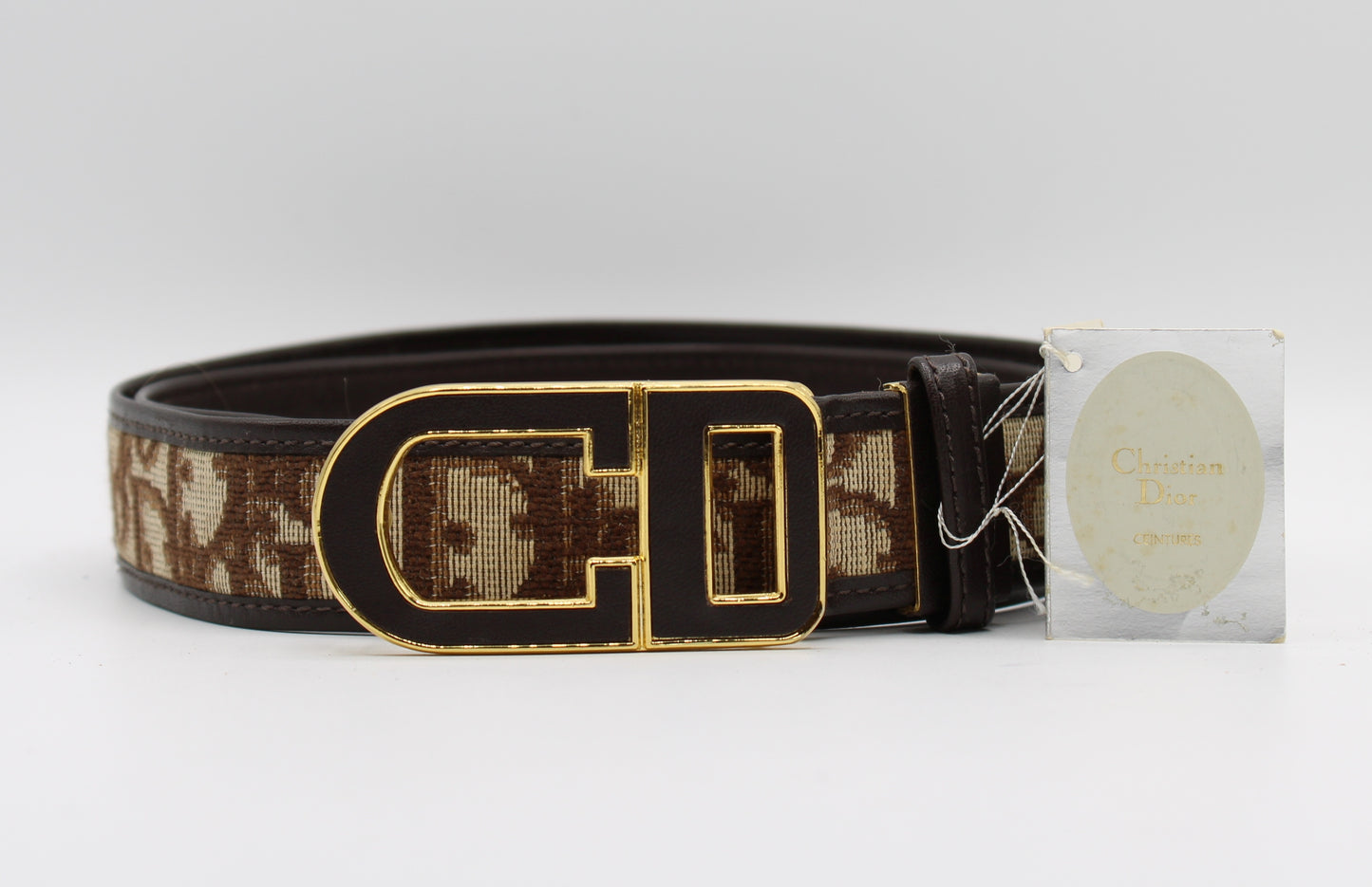 Christian Dior Brown Trotter Monogram Leather Belt Gold Logo Buckle