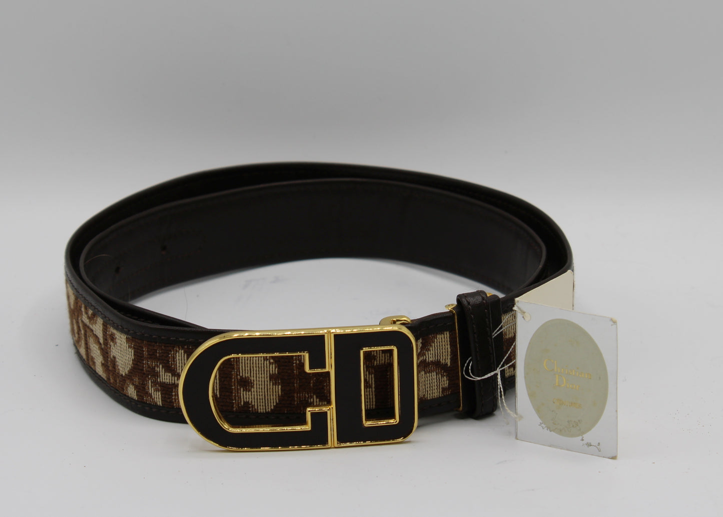 Christian Dior Brown Trotter Monogram Leather Belt Gold Logo Buckle