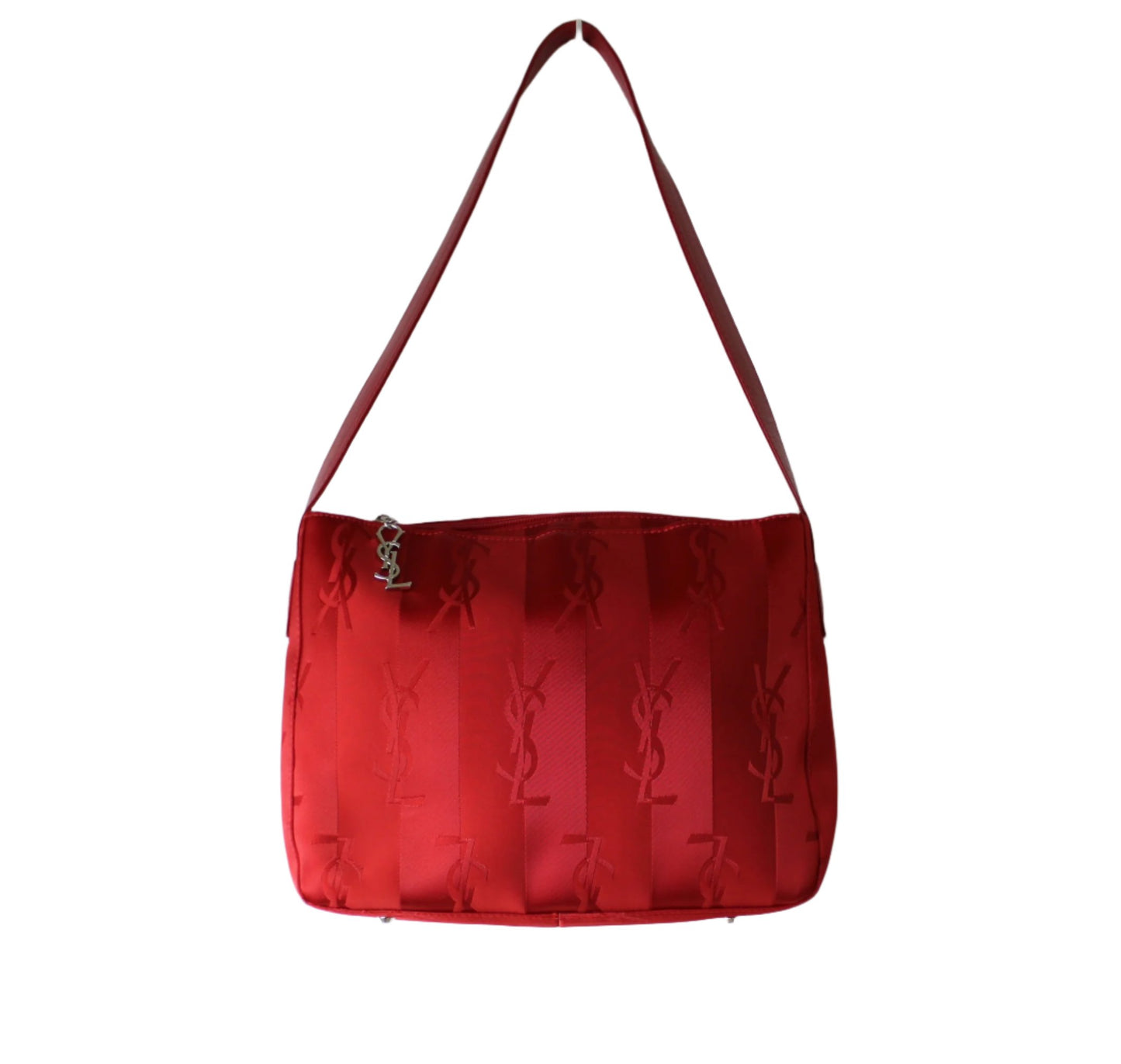 Yves Saint Laurent Red Jacquard Nylon Shoulder Bag Silver Charm