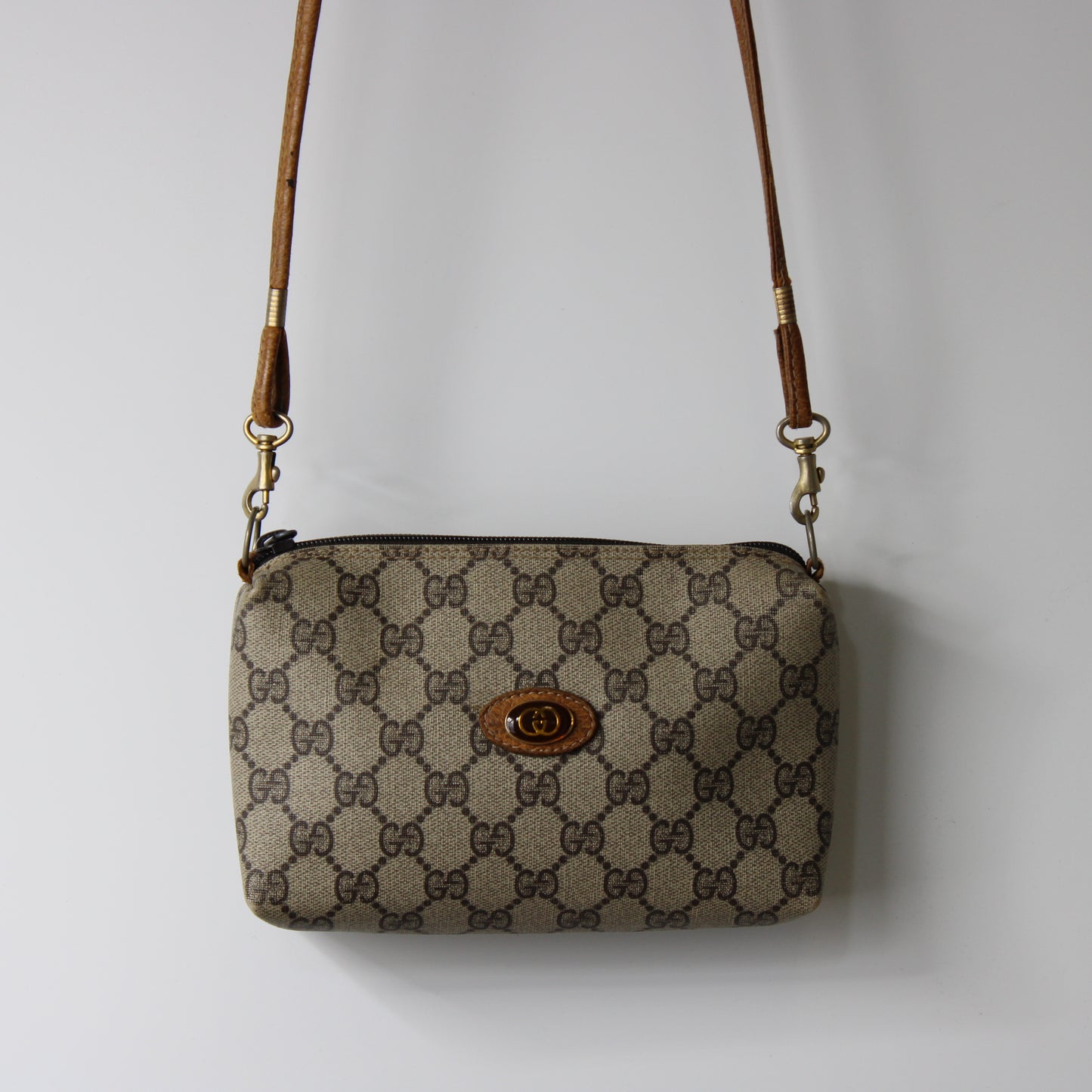 Gucci Beige Brown GG Canvas Leather Crossbody Bag