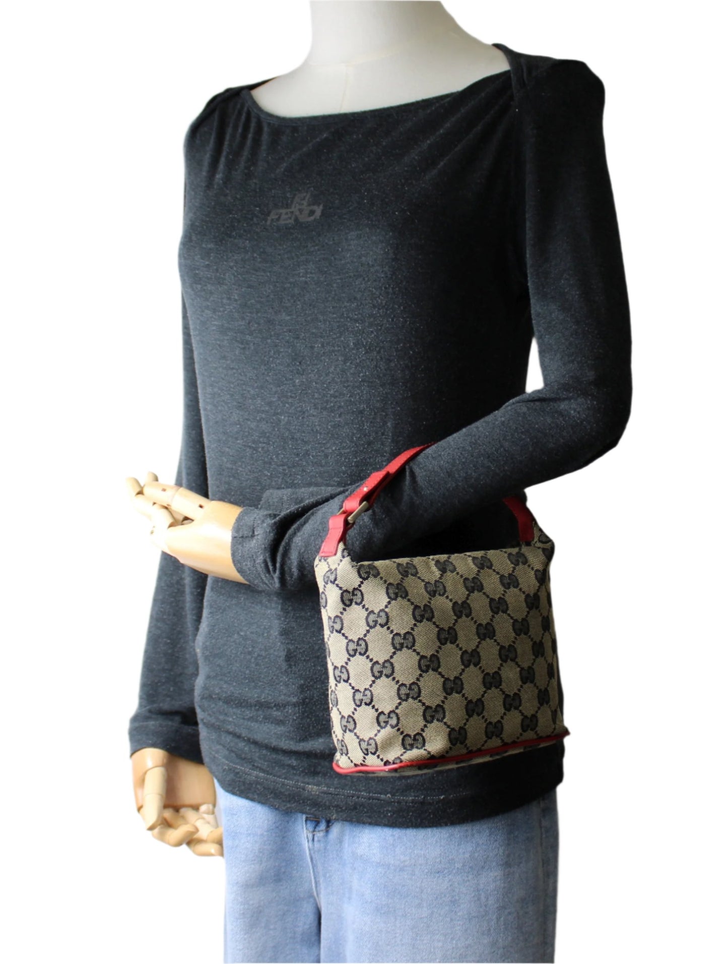 Gucci Red Beige GG Canvas Top Handle Pochette Bag