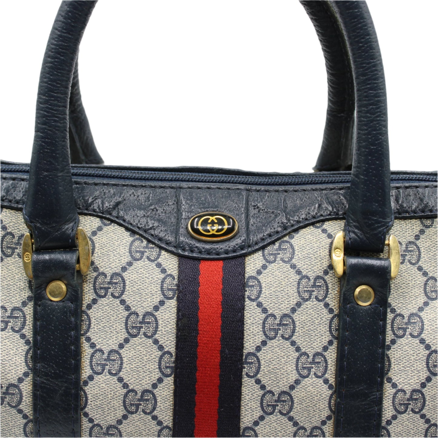 Gucci Ophidia Supreme Canvas Boston Bag Navy Leather Handles