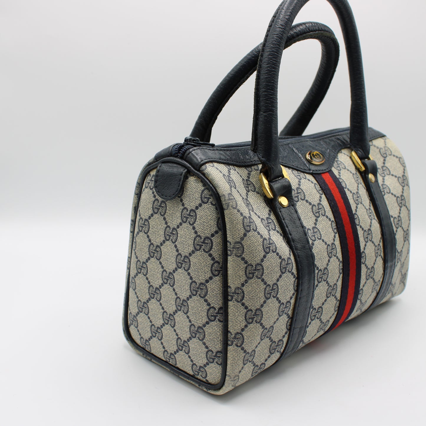 Gucci Ophidia Supreme Canvas Boston Bag Navy Leather Handles