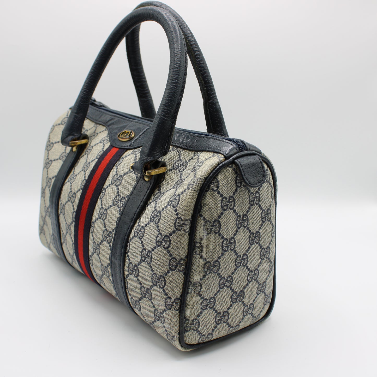 Gucci Ophidia Supreme Canvas Boston Bag Navy Leather Handles