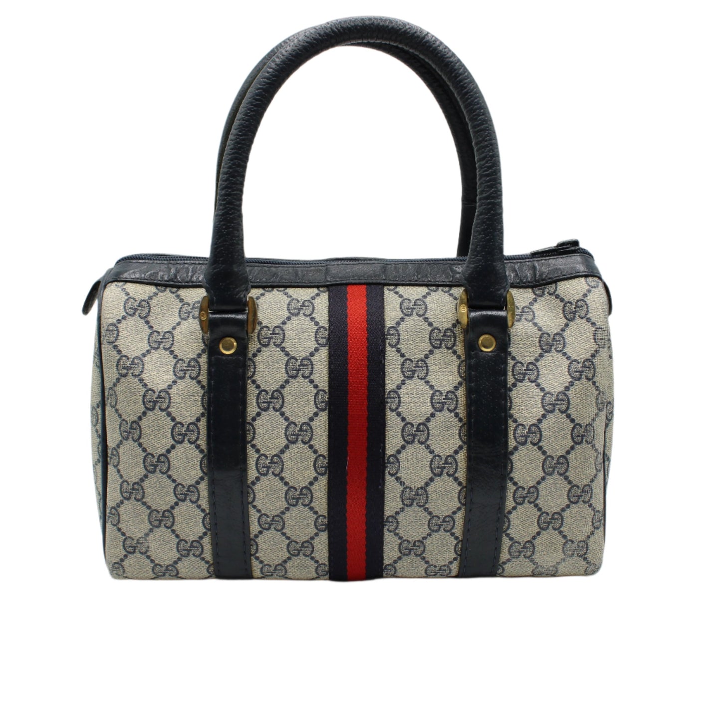 Gucci Ophidia Supreme Canvas Boston Bag Navy Leather Handles