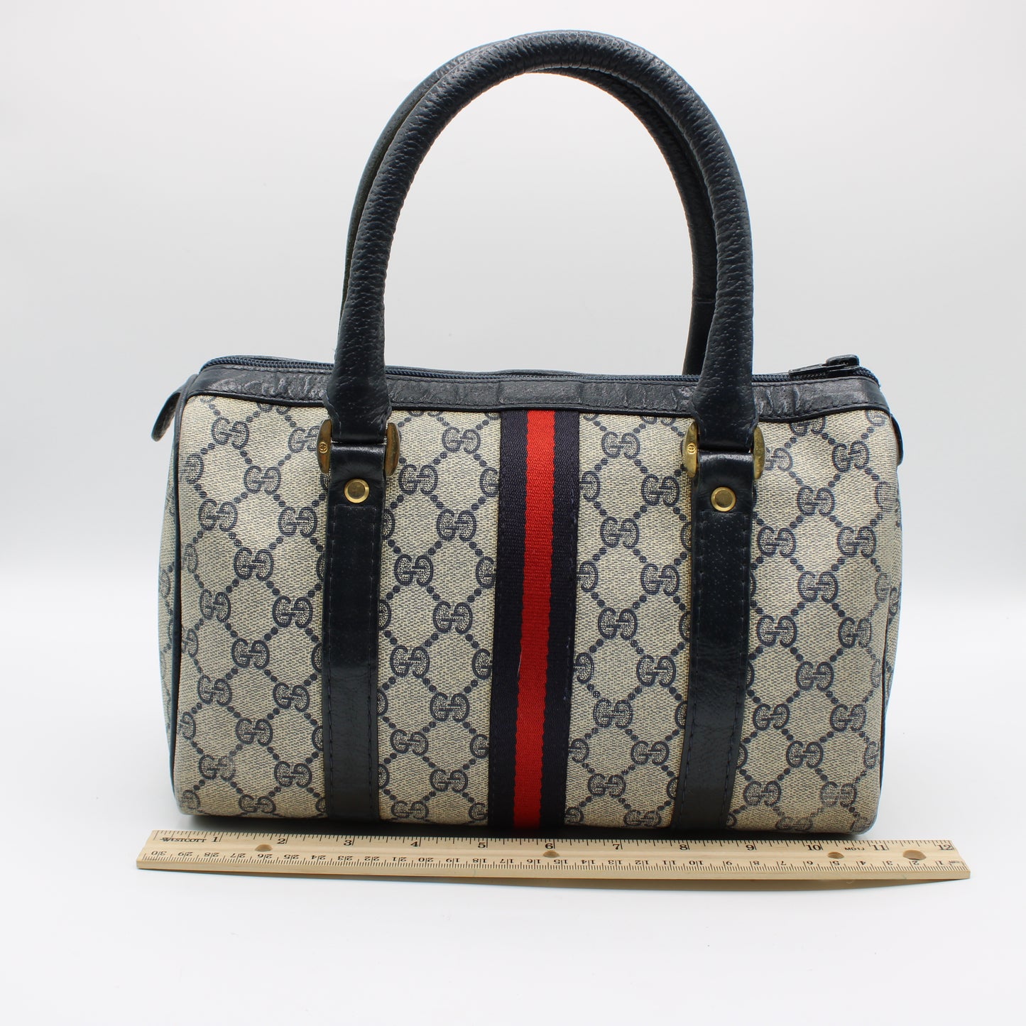 Gucci Ophidia Supreme Canvas Boston Bag Navy Leather Handles