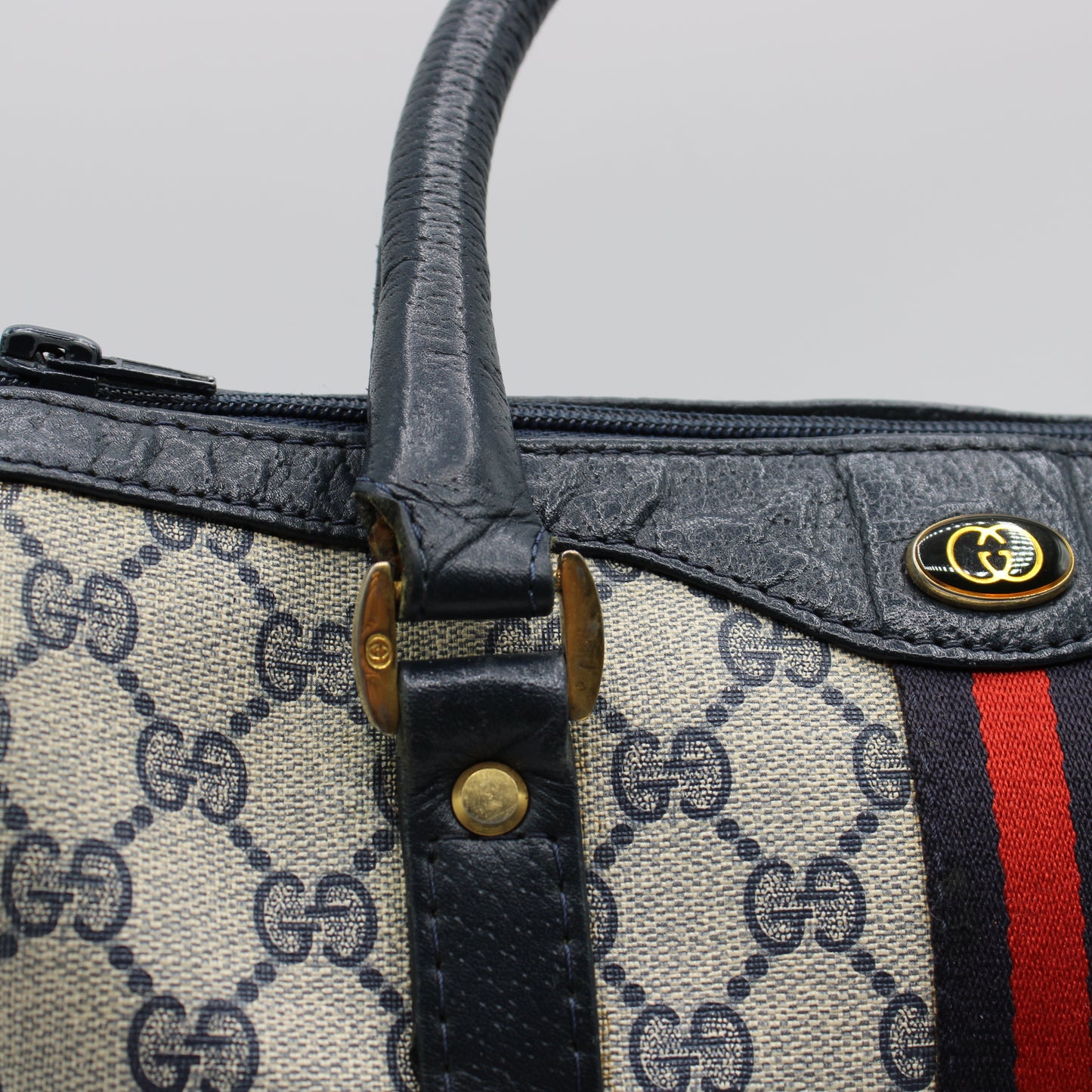 Gucci Ophidia Supreme Canvas Boston Bag Navy Leather Handles