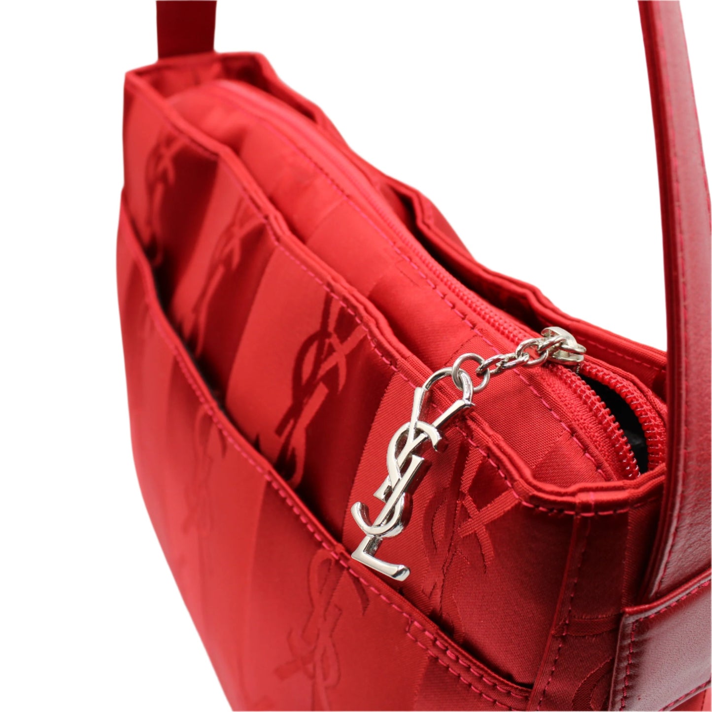 Yves Saint Laurent Red Jacquard Nylon Shoulder Bag Silver Charm