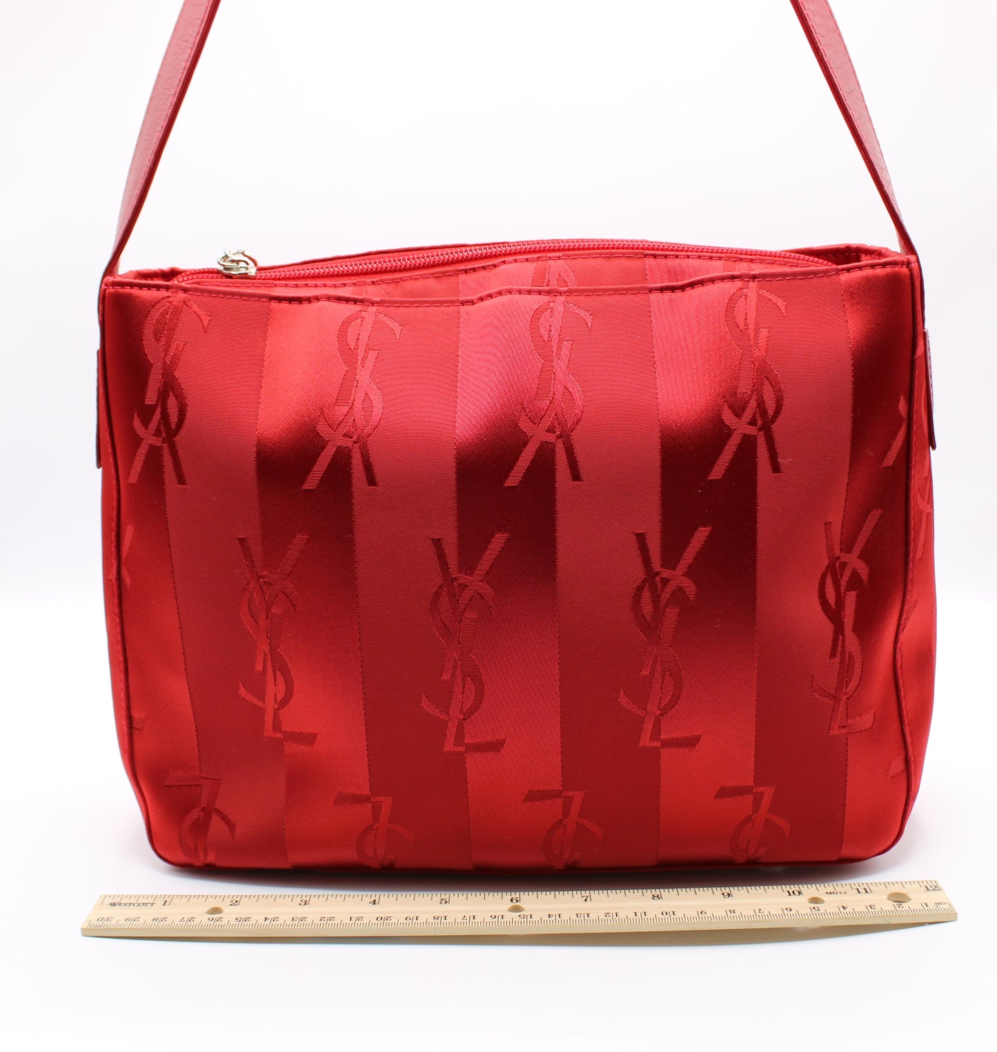 Yves Saint Laurent Red Jacquard Nylon Shoulder Bag Silver Charm