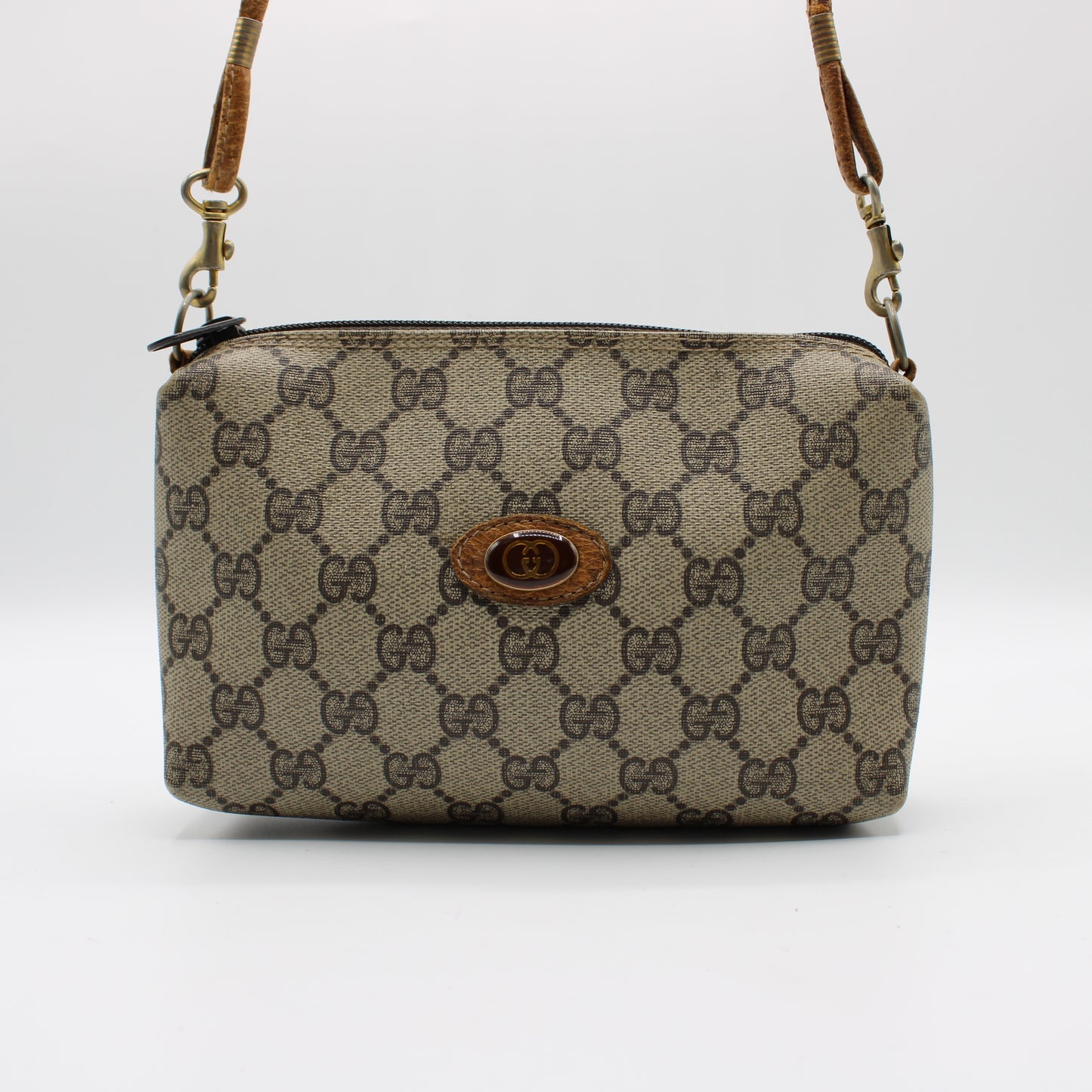 Gucci Beige Brown GG Canvas Leather Crossbody Bag