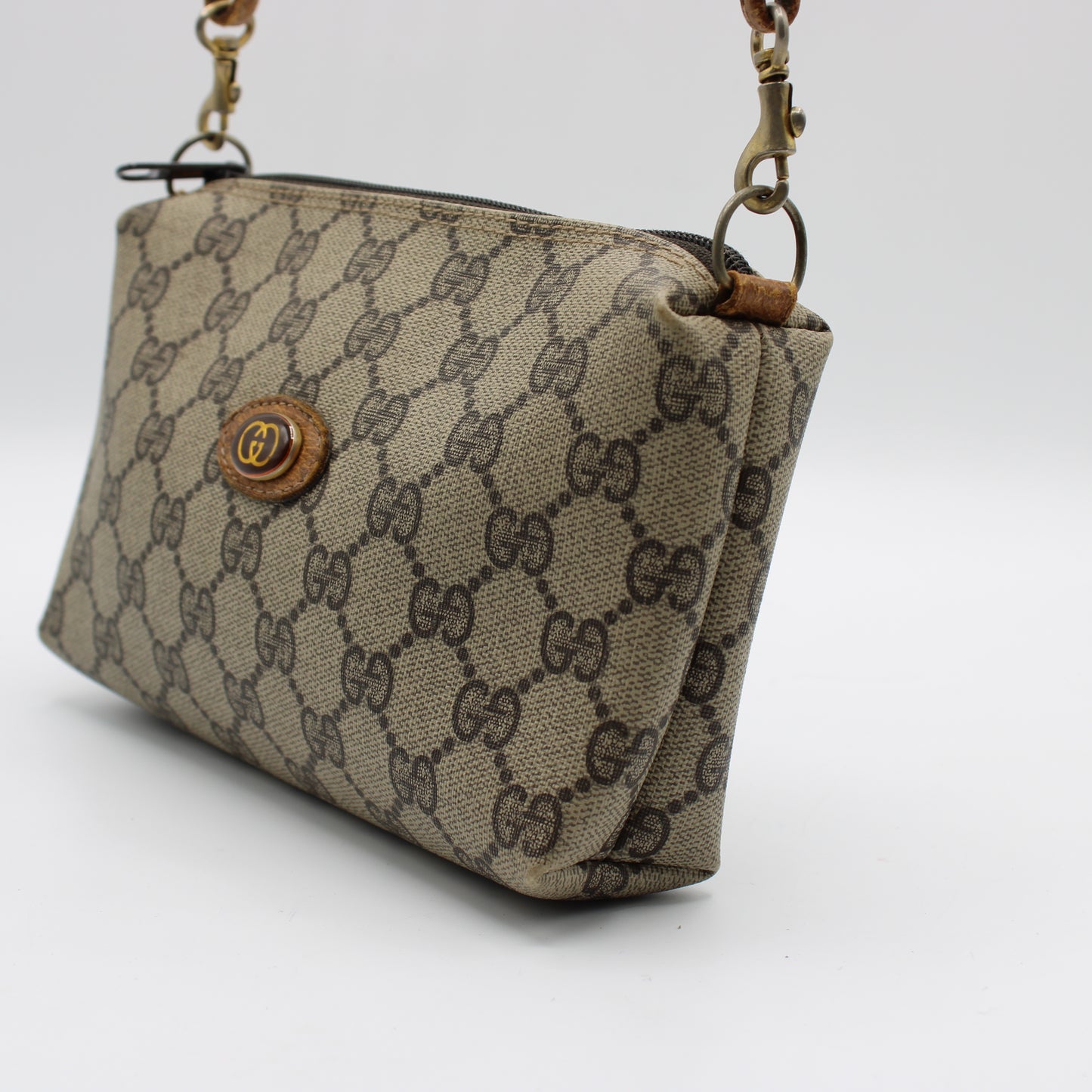 Gucci Beige Brown GG Canvas Leather Crossbody Bag