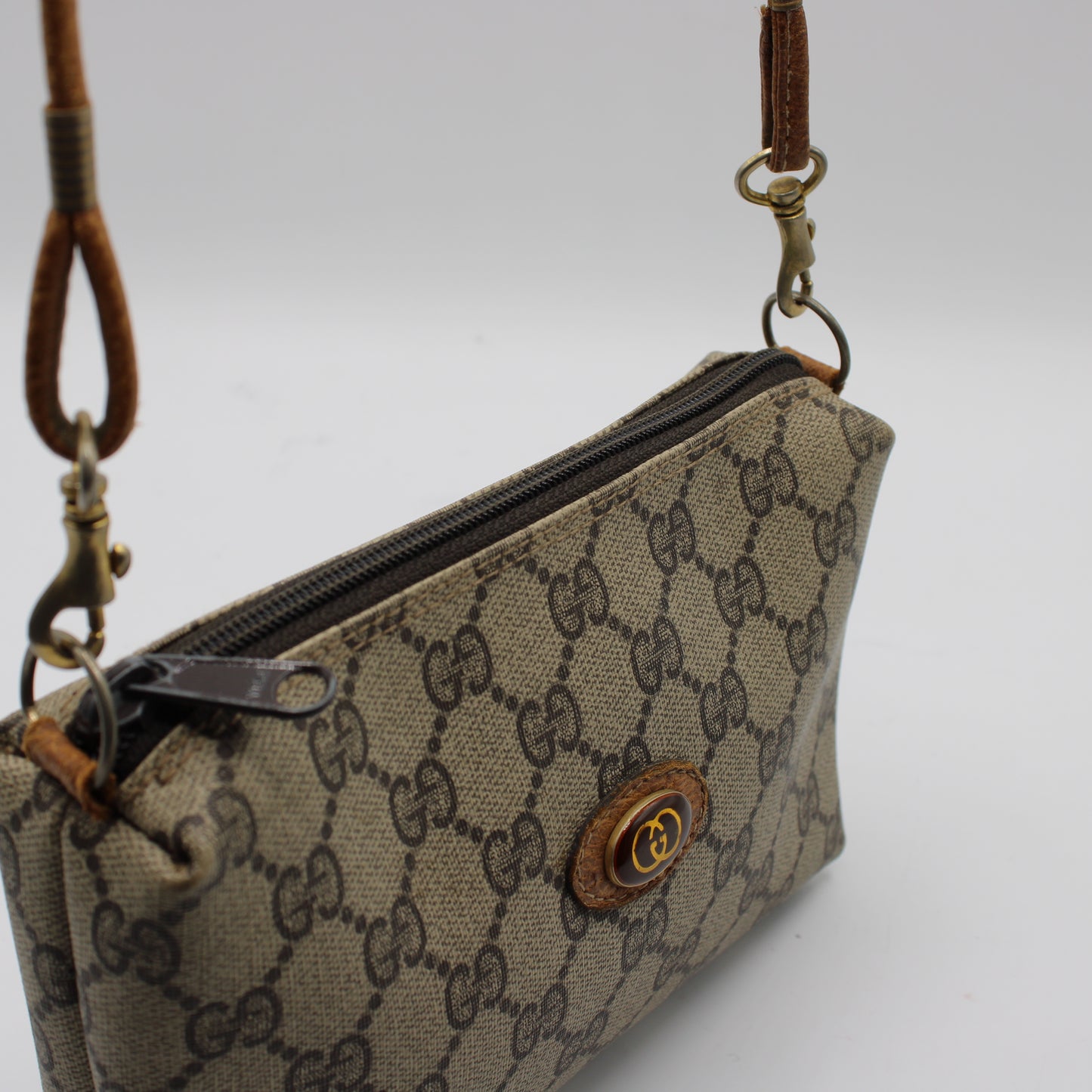 Gucci Beige Brown GG Canvas Leather Crossbody Bag