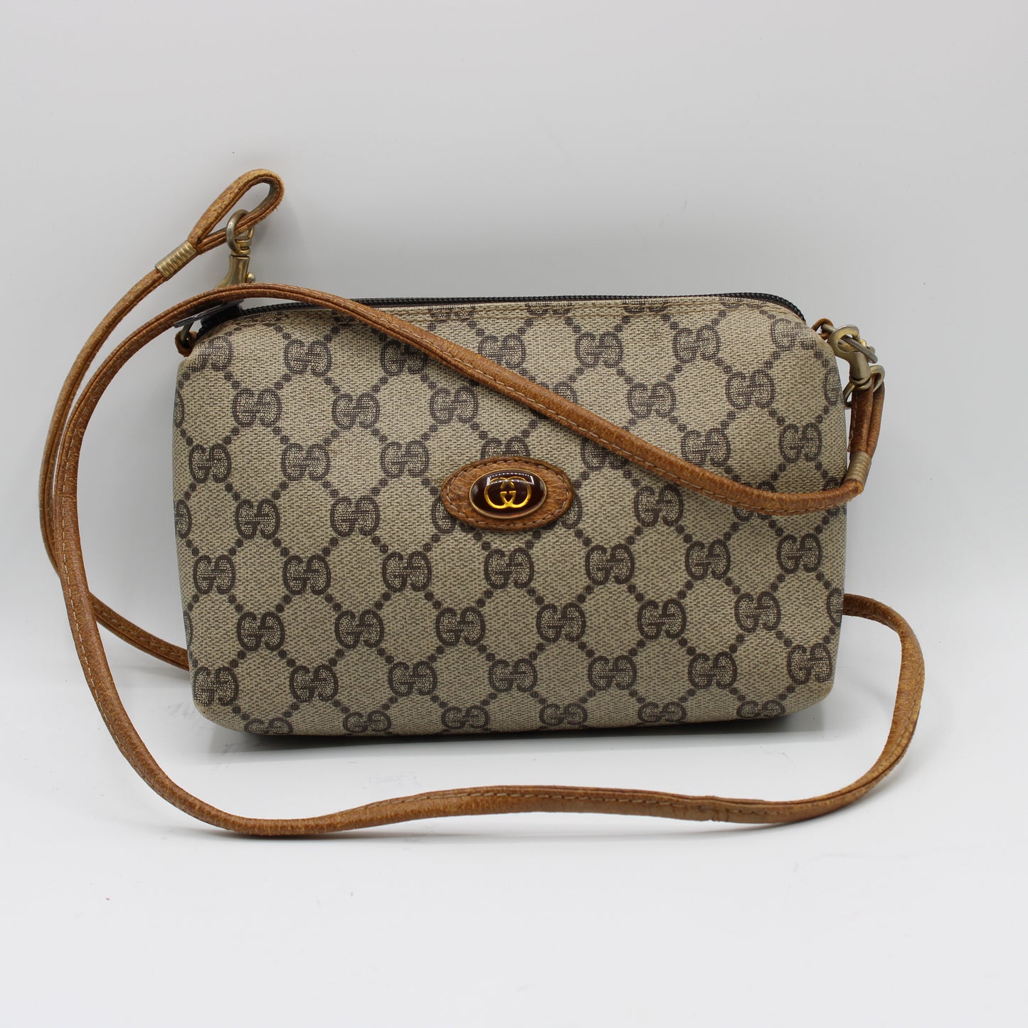 Gucci Beige Brown GG Canvas Leather Crossbody Bag