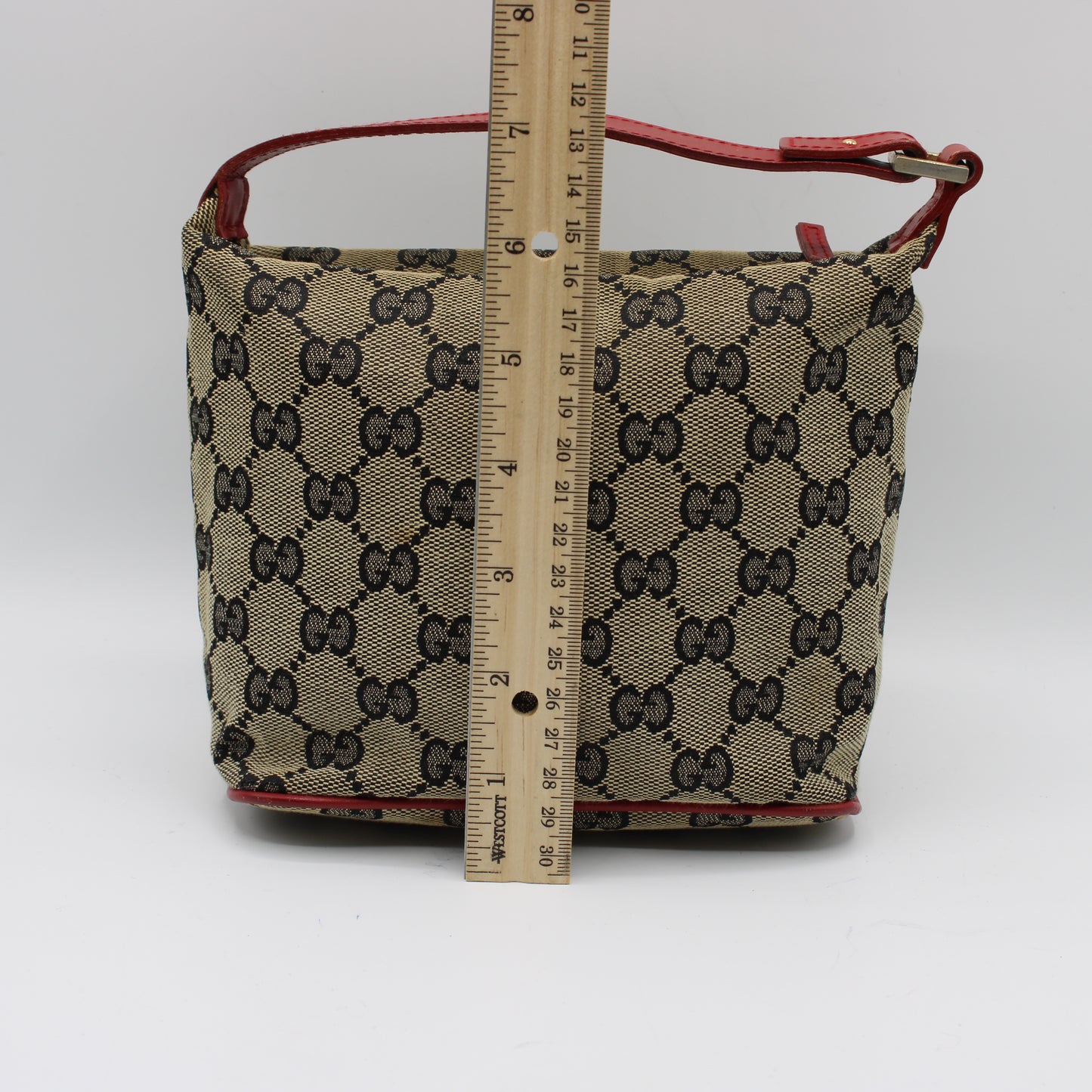 Gucci Red Beige GG Canvas Top Handle Pochette Bag