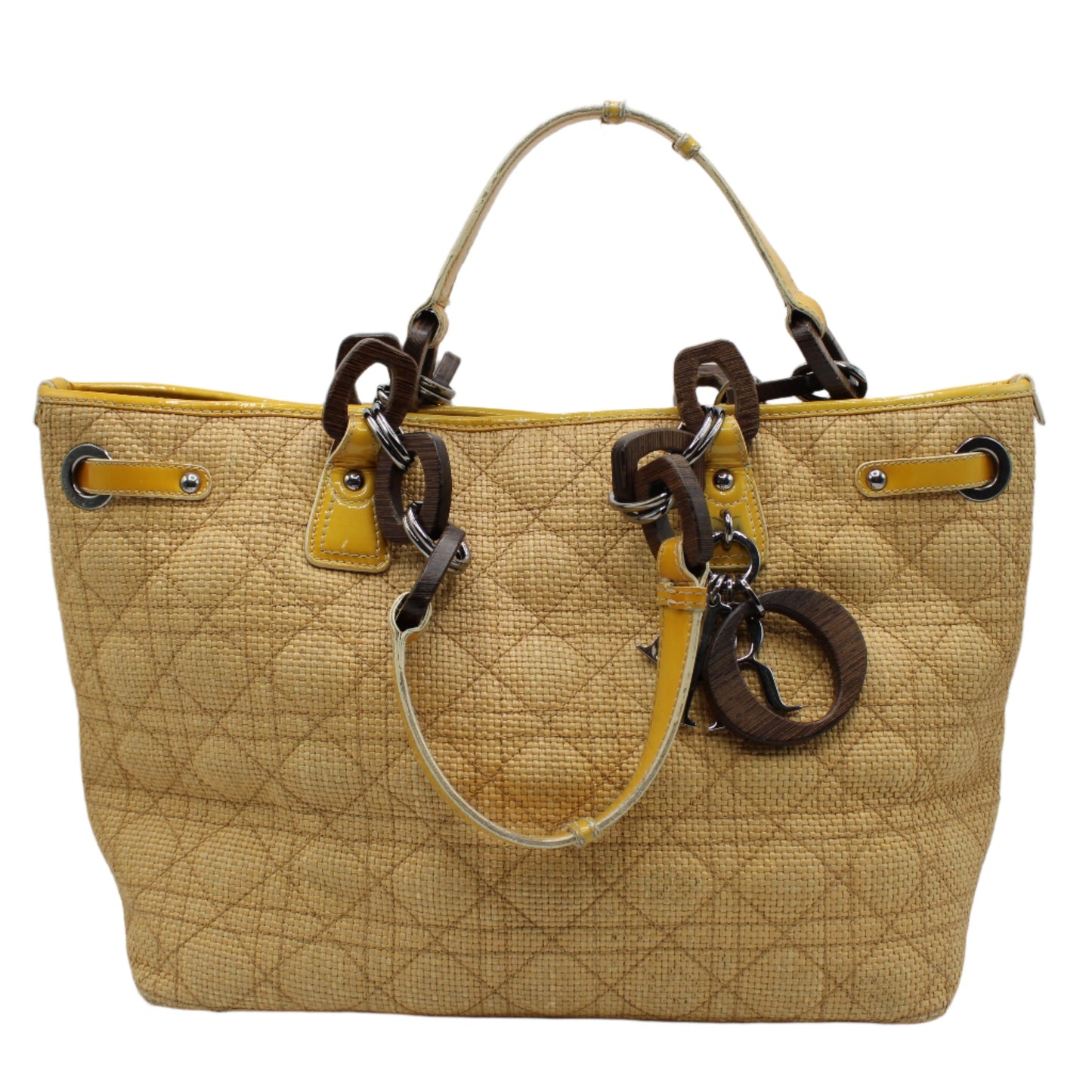 Christian Dior Beige Straw Panarea Tote Leather Trim Wooden Charm