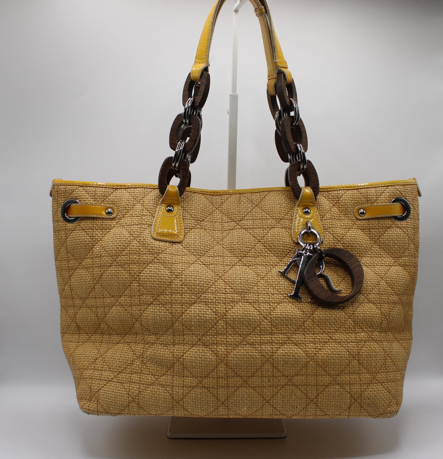 Christian Dior Beige Straw Panarea Tote Leather Trim Wooden Charm