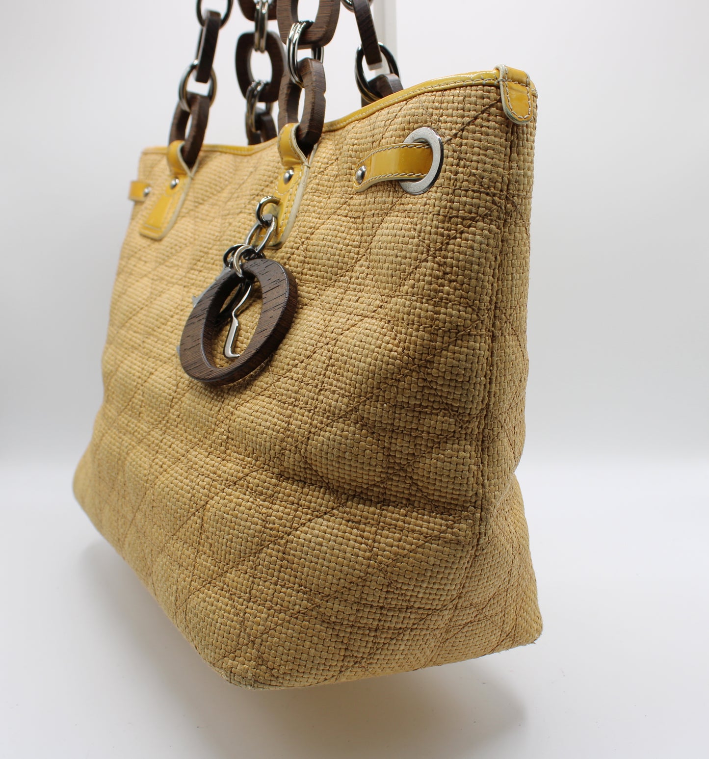 Christian Dior Beige Straw Panarea Tote Leather Trim Wooden Charm