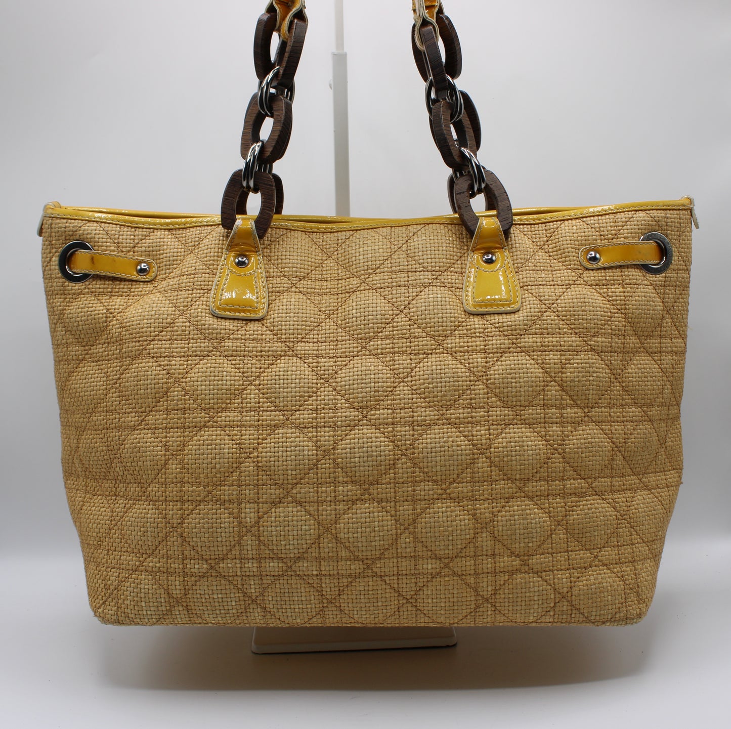 Christian Dior Beige Straw Panarea Tote Leather Trim Wooden Charm