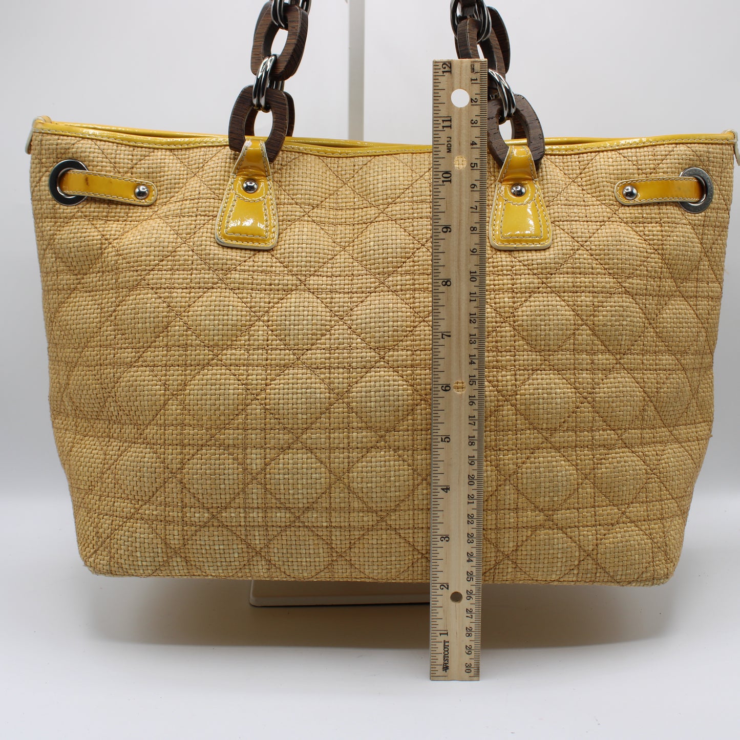 Christian Dior Beige Straw Panarea Tote Leather Trim Wooden Charm