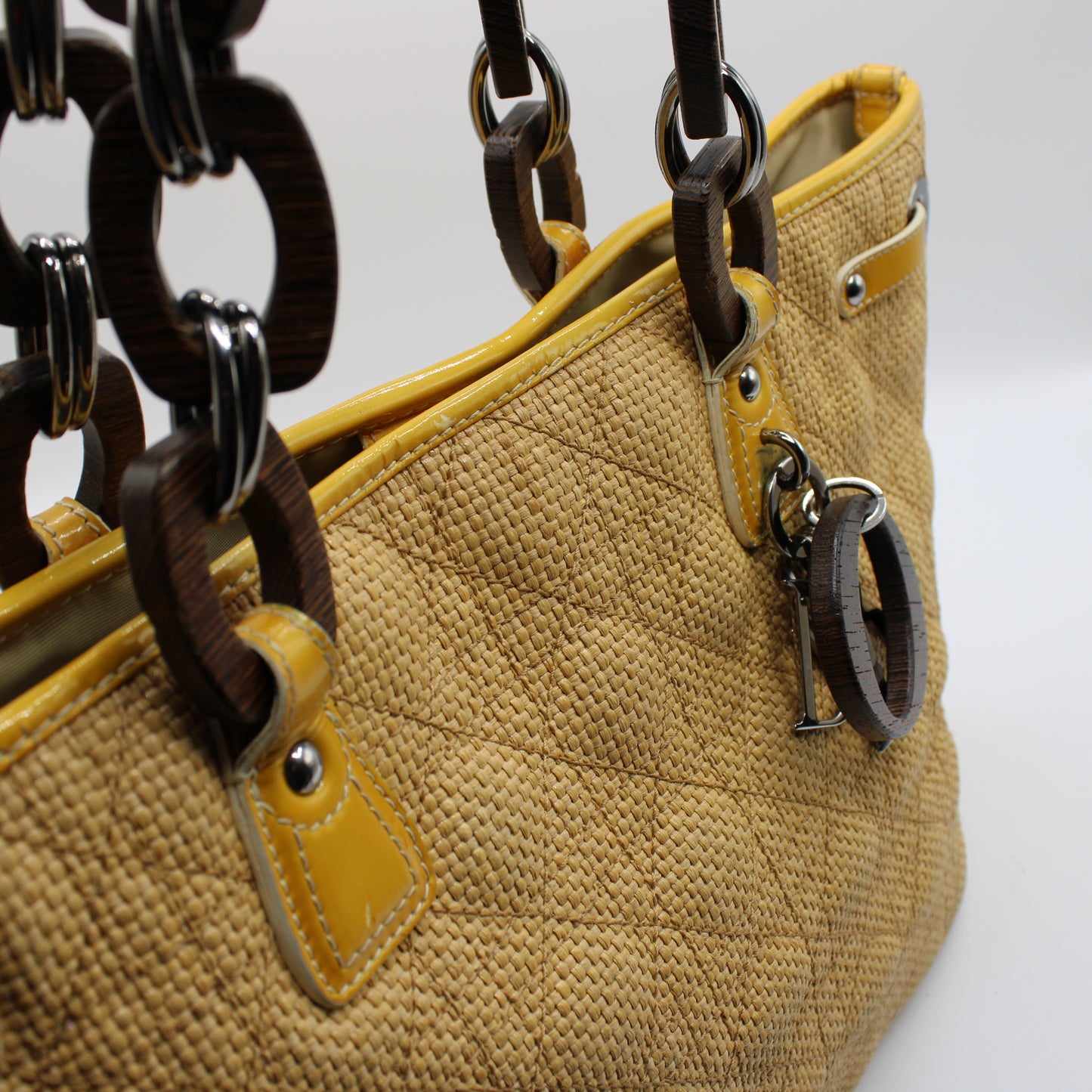 Christian Dior Beige Straw Panarea Tote Leather Trim Wooden Charm