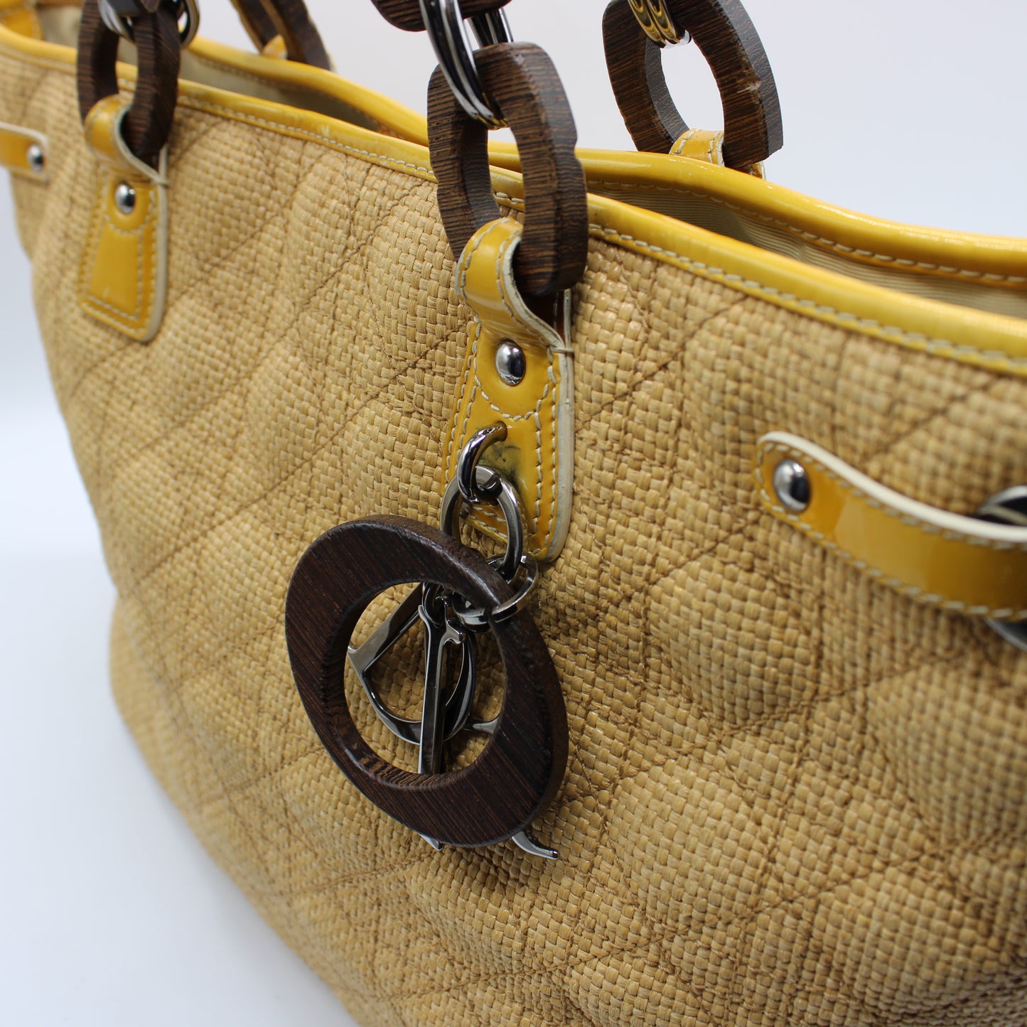 Christian Dior Beige Straw Panarea Tote Leather Trim Wooden Charm