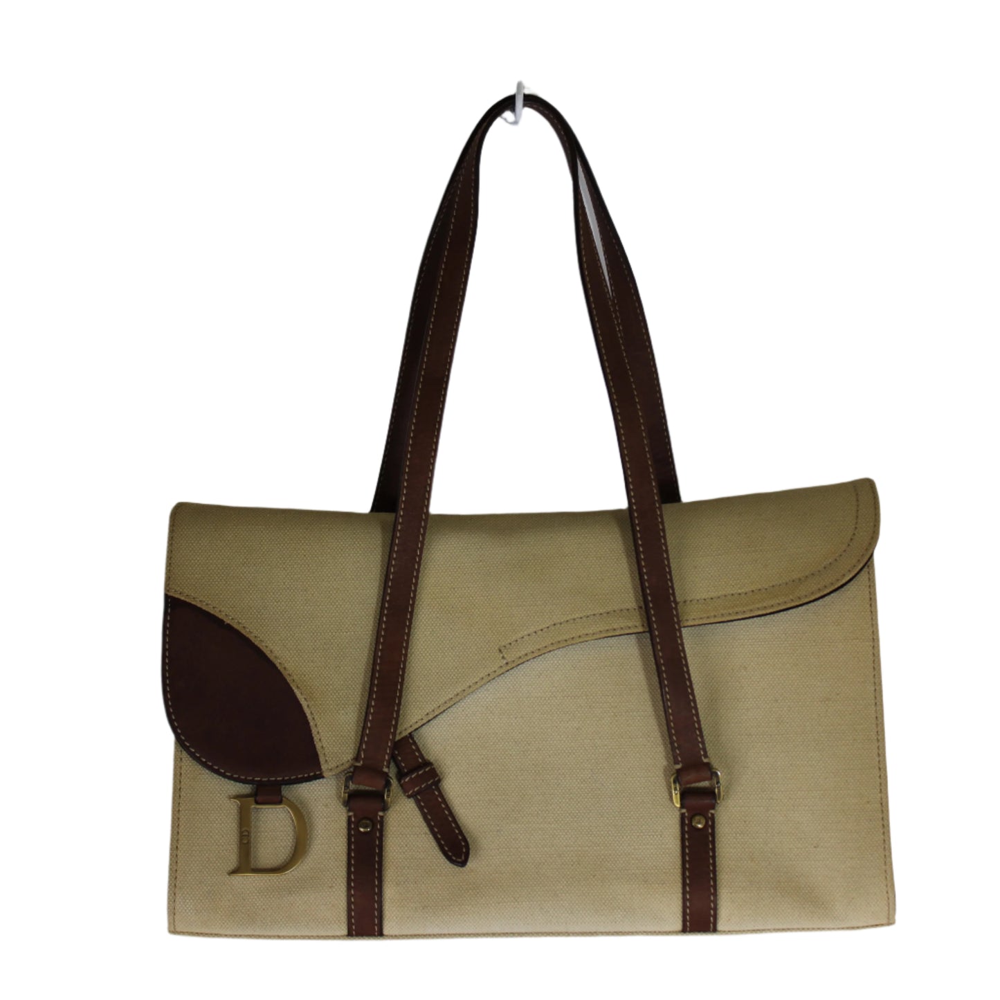 Christian Dior Beige Canvas Brown Leather Saddle Tote Bag