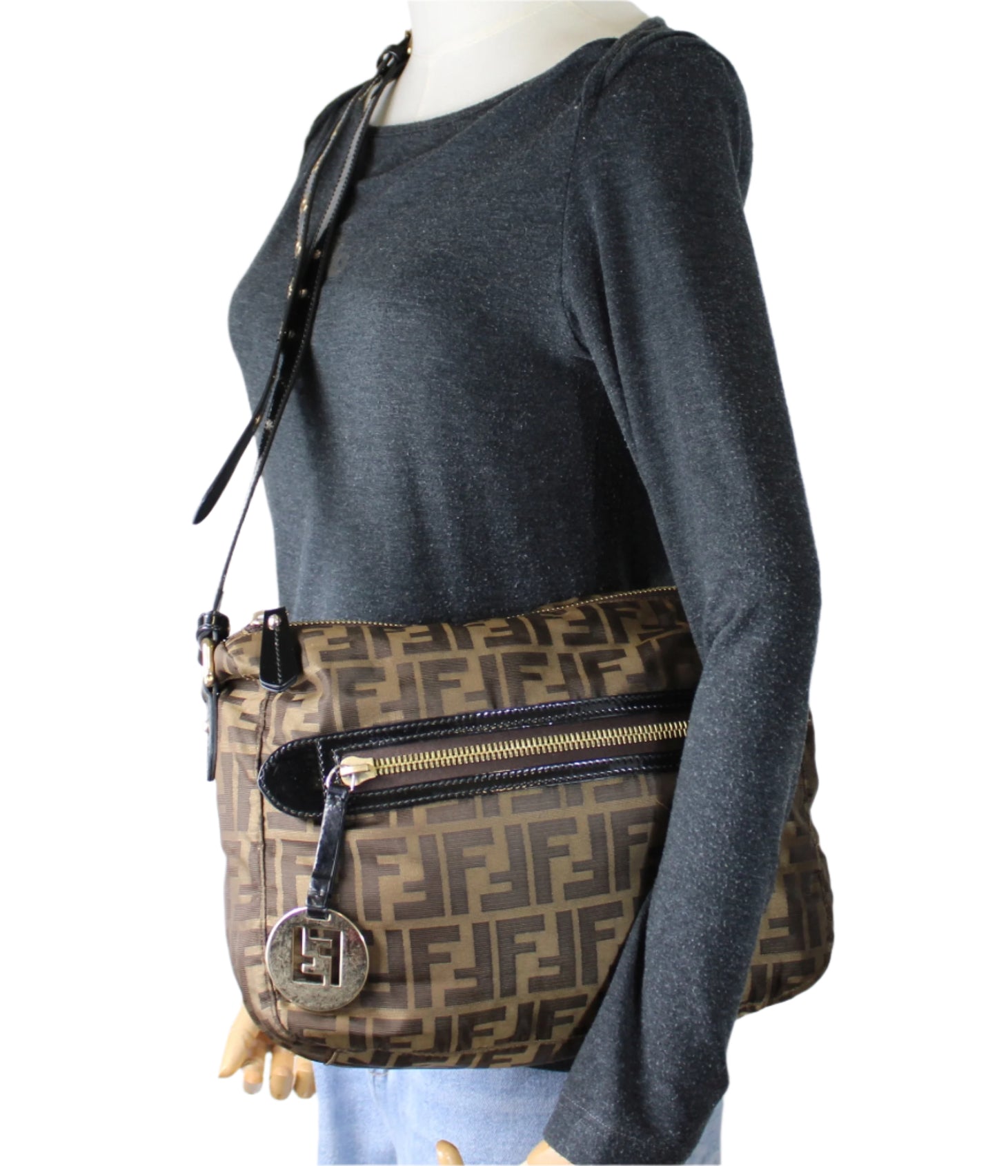 Fendi Brown Zucca Canvas Crossbody Bag Leather Strap