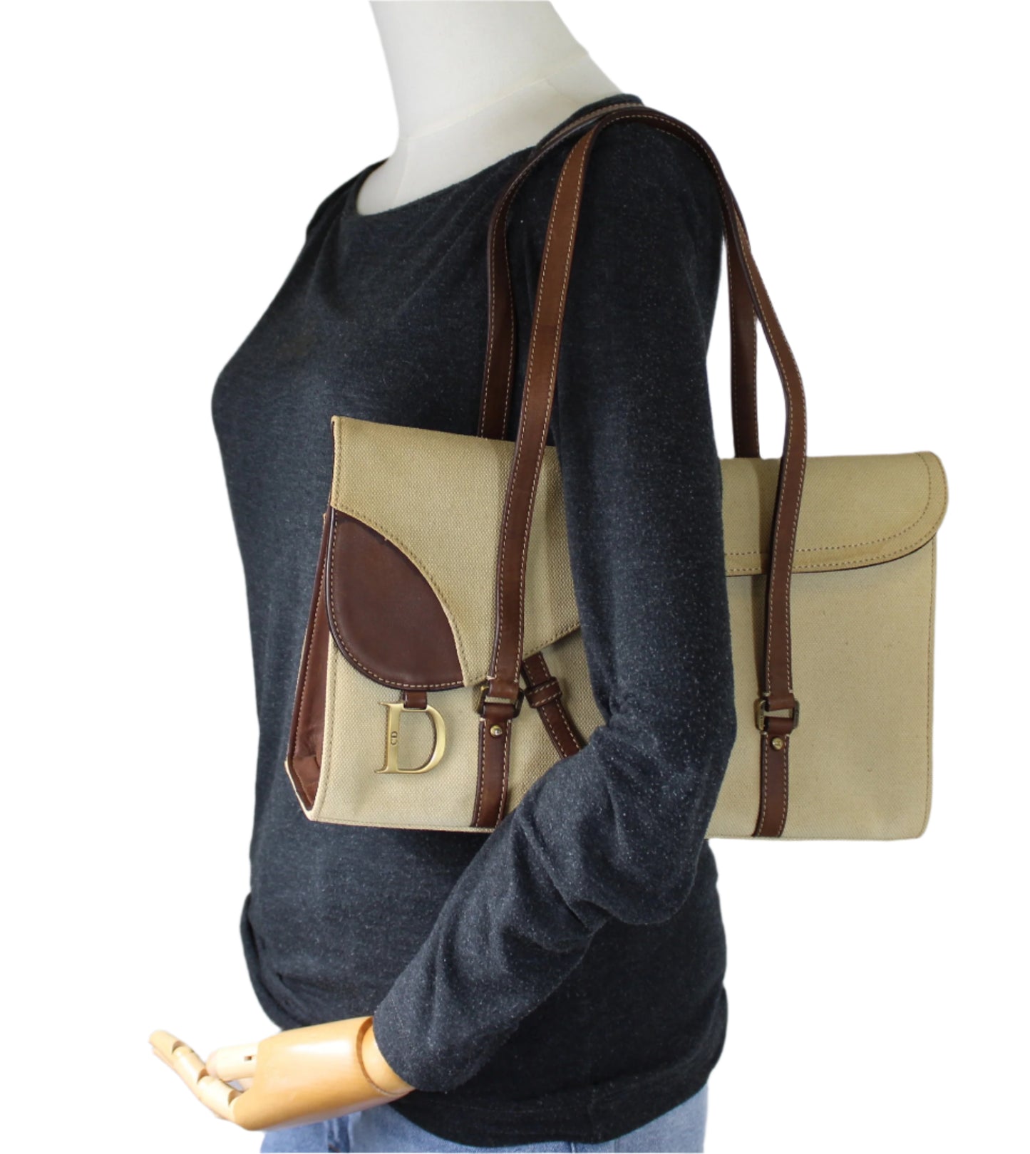 Christian Dior Beige Canvas Brown Leather Saddle Tote Bag