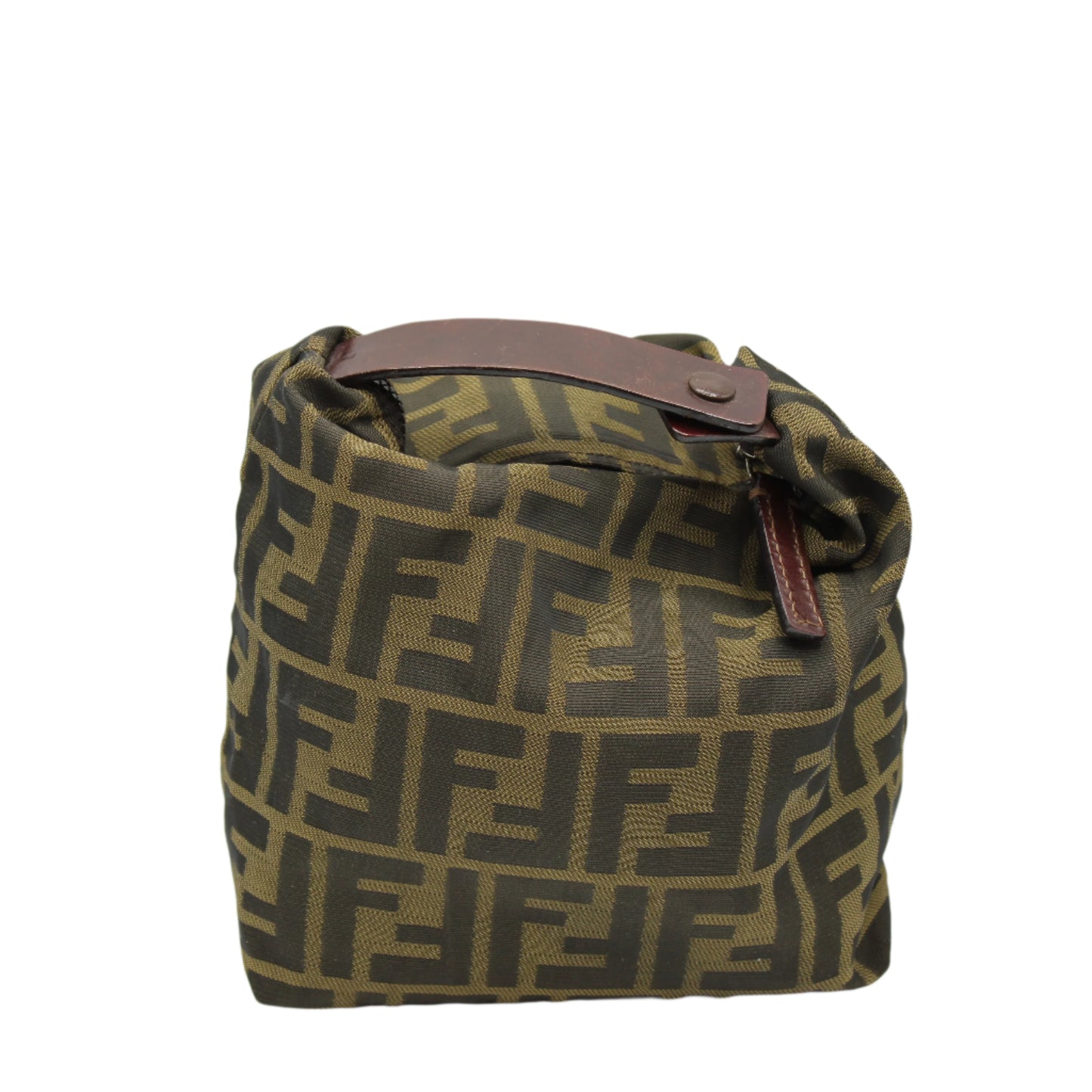 Fendi Brown Zucca Print Cloth Pouch Leather Handle Bag