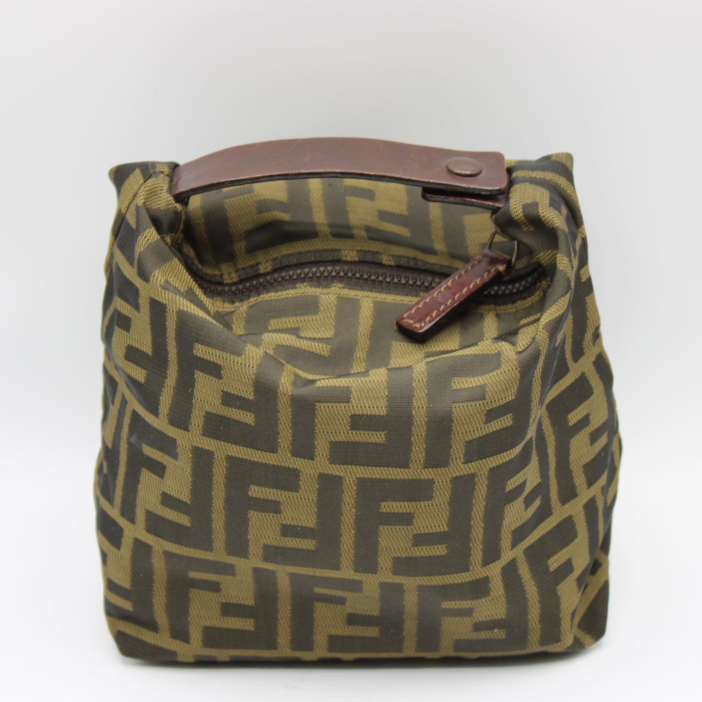 Fendi Brown Zucca Print Cloth Pouch Leather Handle Bag